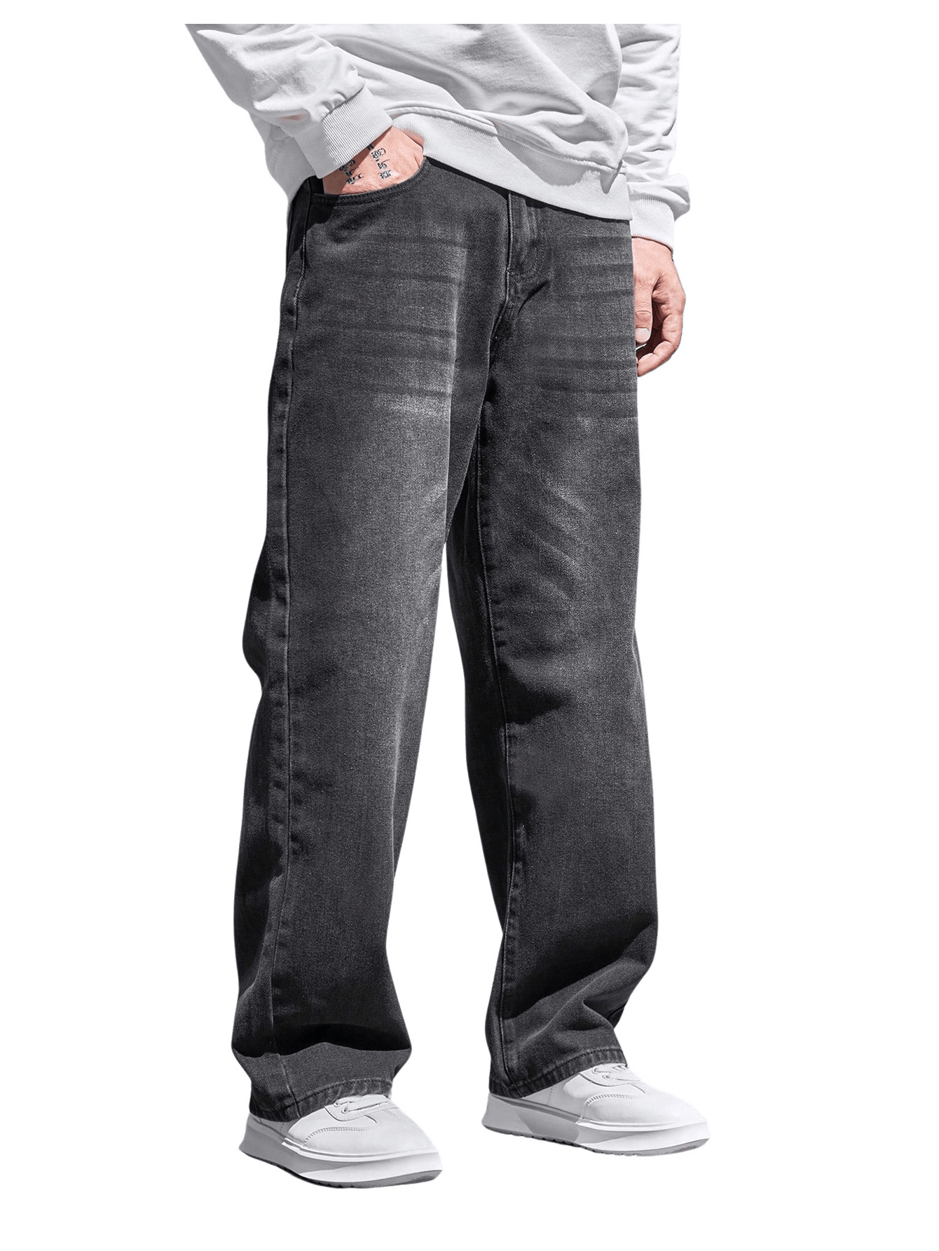 CoreRevo Men's High Waist Loose Jeans Baggy Straight Leg Denim Pants Trousers
