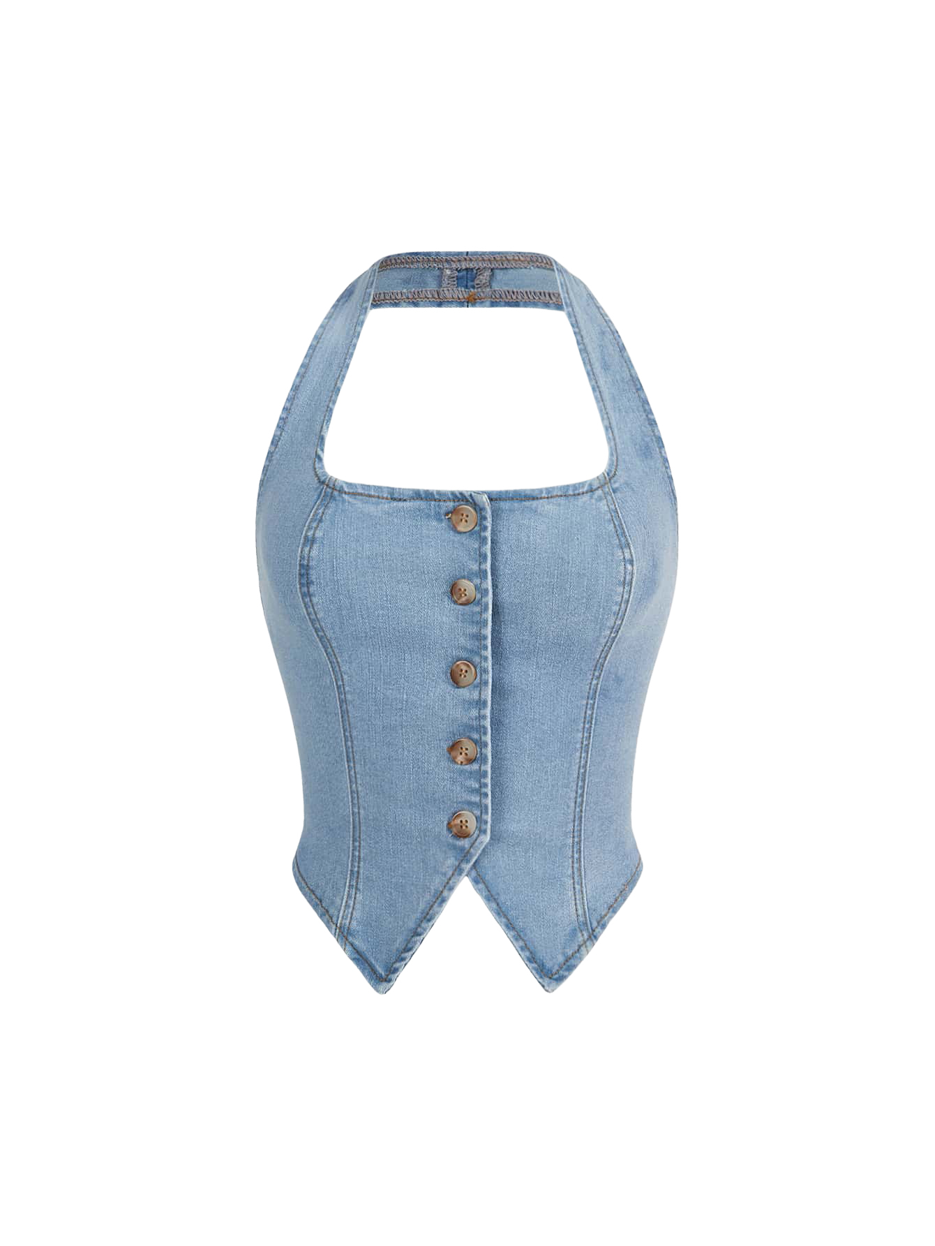 CoreRevo Women's Button Front Halter Neck Asymmetrical Denim Crop Top Jean Vest