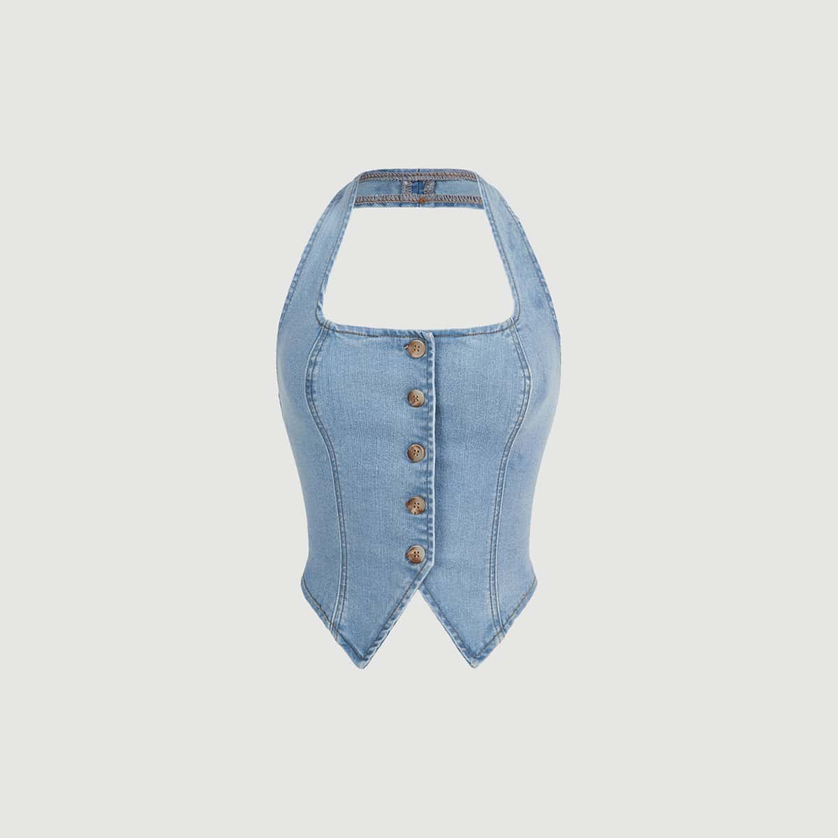 CoreRevo Women's Button Front Halter Neck Asymmetrical Denim Crop Top Jean Vest - Image 4
