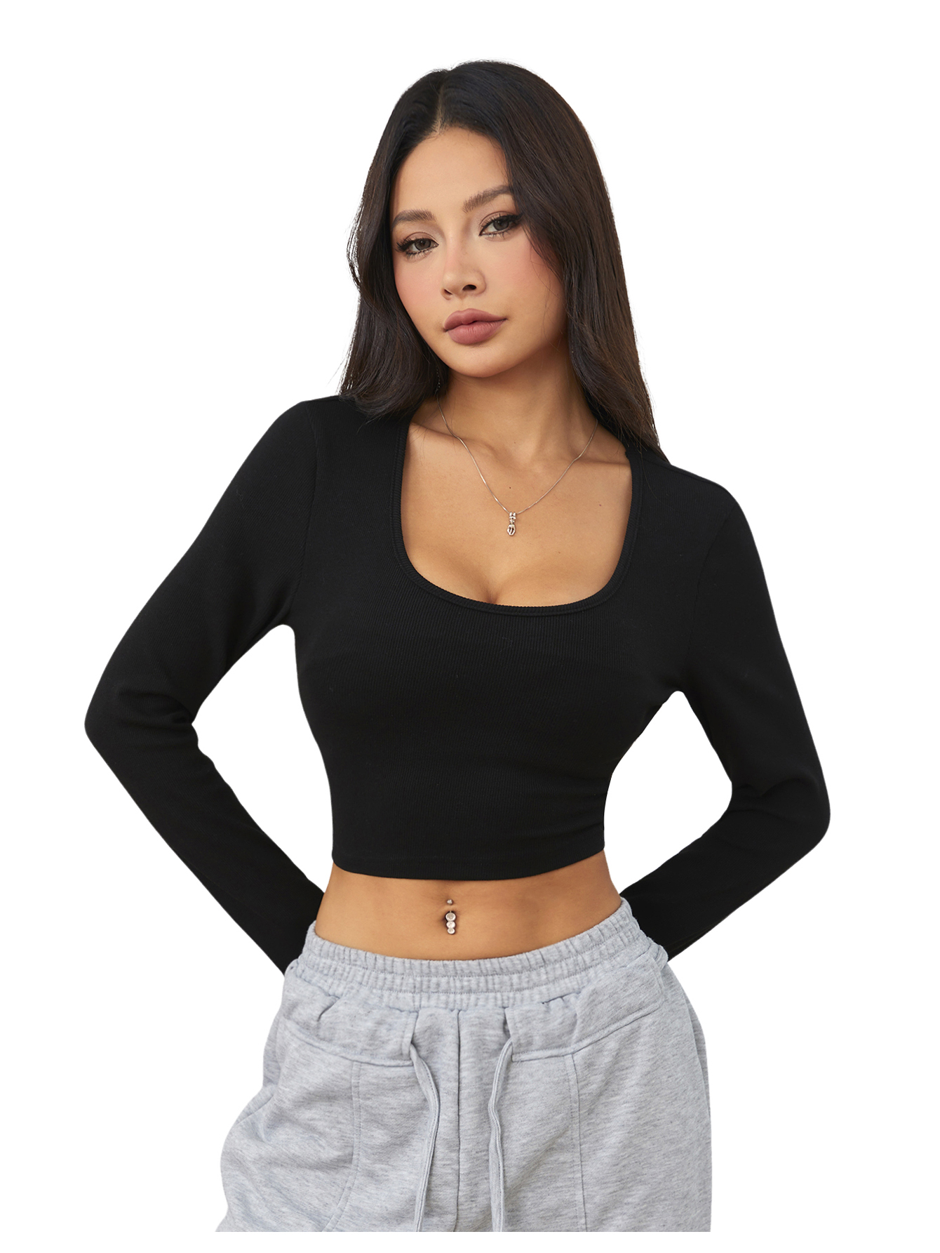 CoreRevo Women's Square Neck Slim Fitted Crop Top Tee Long Sleeve T Shirt