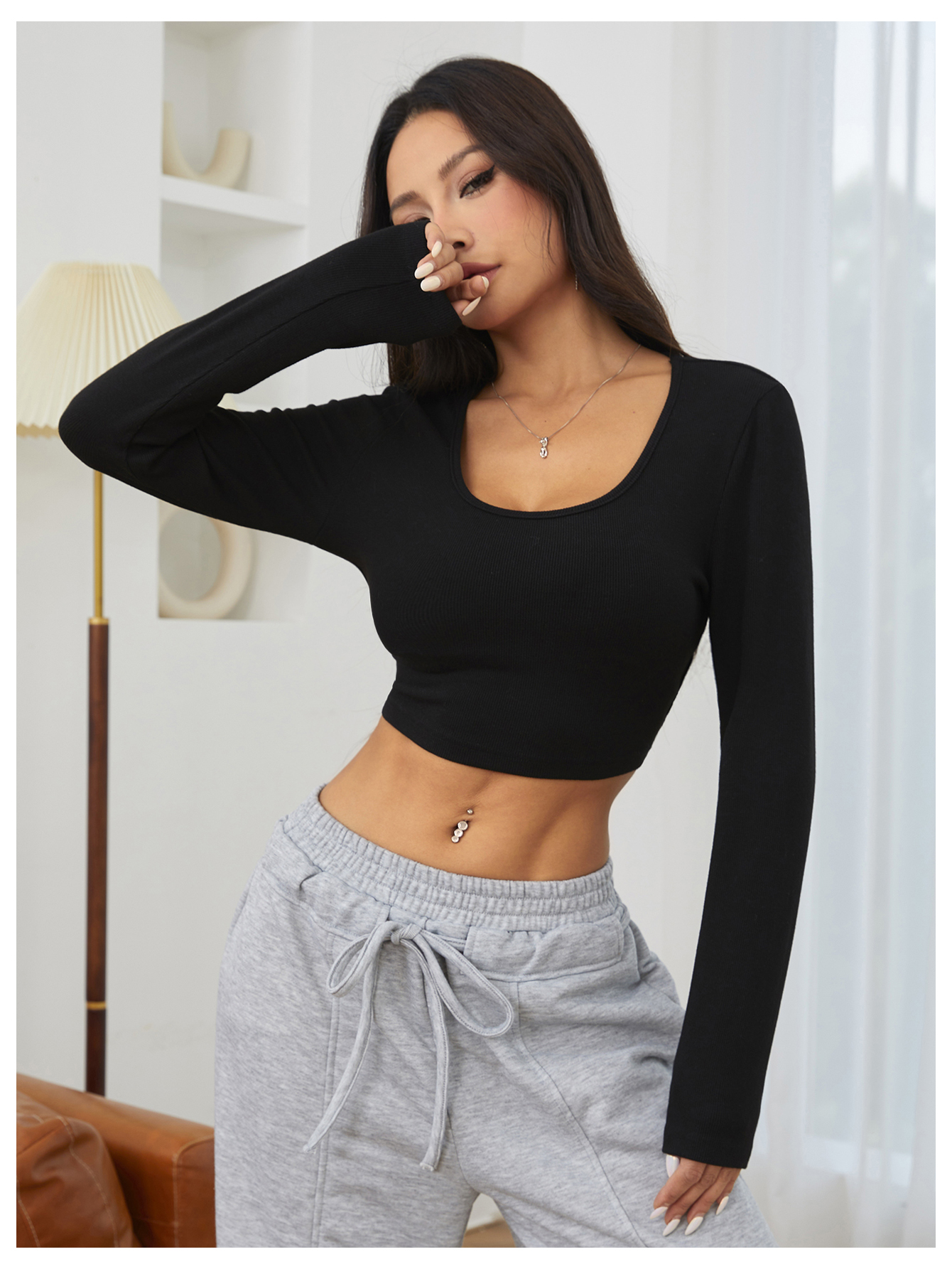CoreRevo Women's Square Neck Slim Fitted Crop Top Tee Long Sleeve T Shirt - Image 4