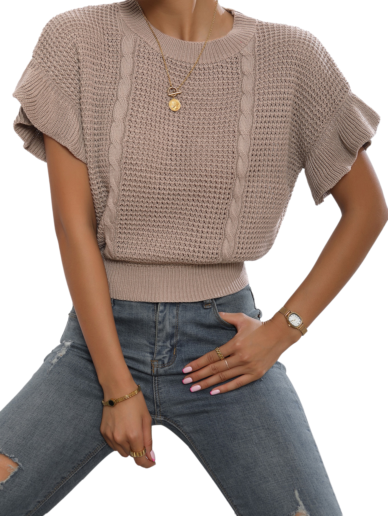CoreRevo Women's Ruffled Short Sleeve Round Neck Knitted Top Pullovers Sweater