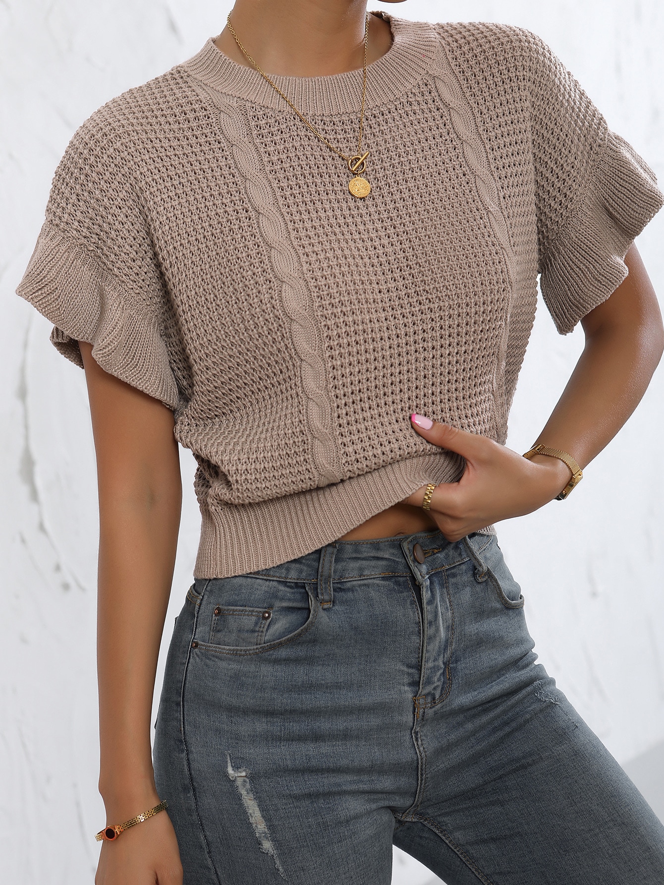CoreRevo Women's Ruffled Short Sleeve Round Neck Knitted Top Pullovers Sweater - Image 4