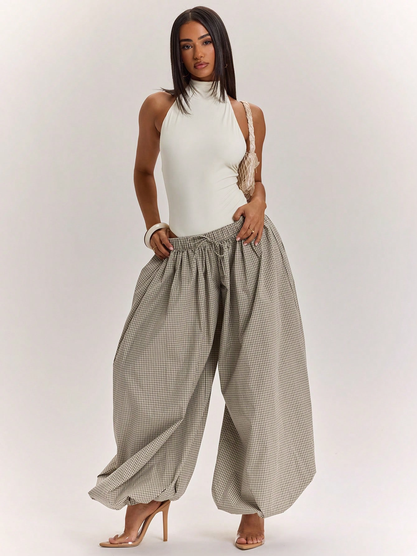 CoreRevo Women's Retro Oversized Plaid Lantern Pants, Loose Summer Balloon Trousers