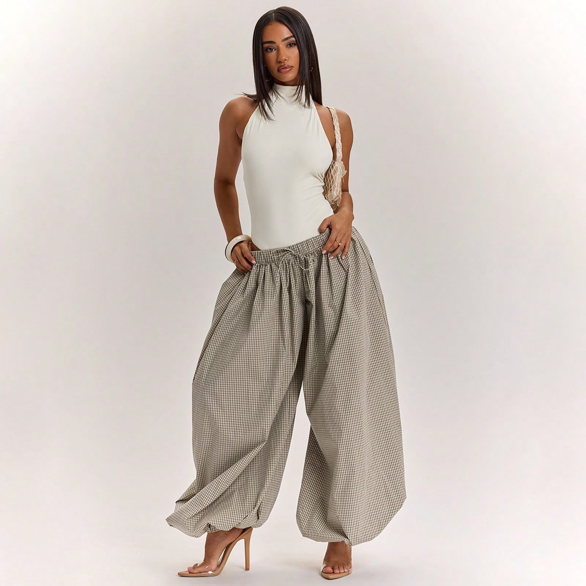CoreRevo Women's Retro Oversized Plaid Lantern Pants, Loose Summer Balloon Trousers - Image 5