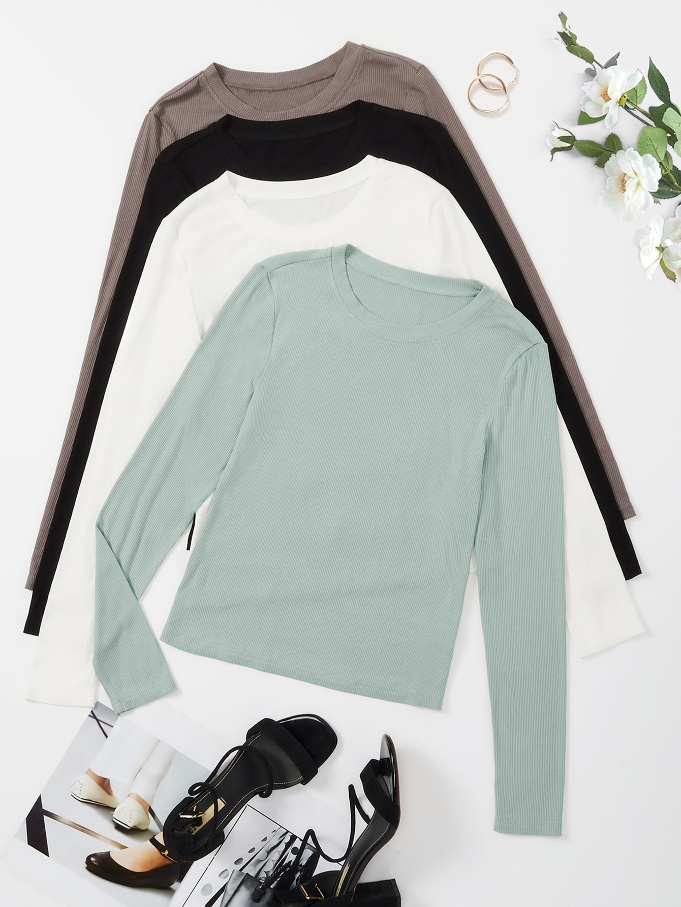 CoreRevo Women's 4 Piece Basic T Shirt Round Neck Long Sleeve Tee Top