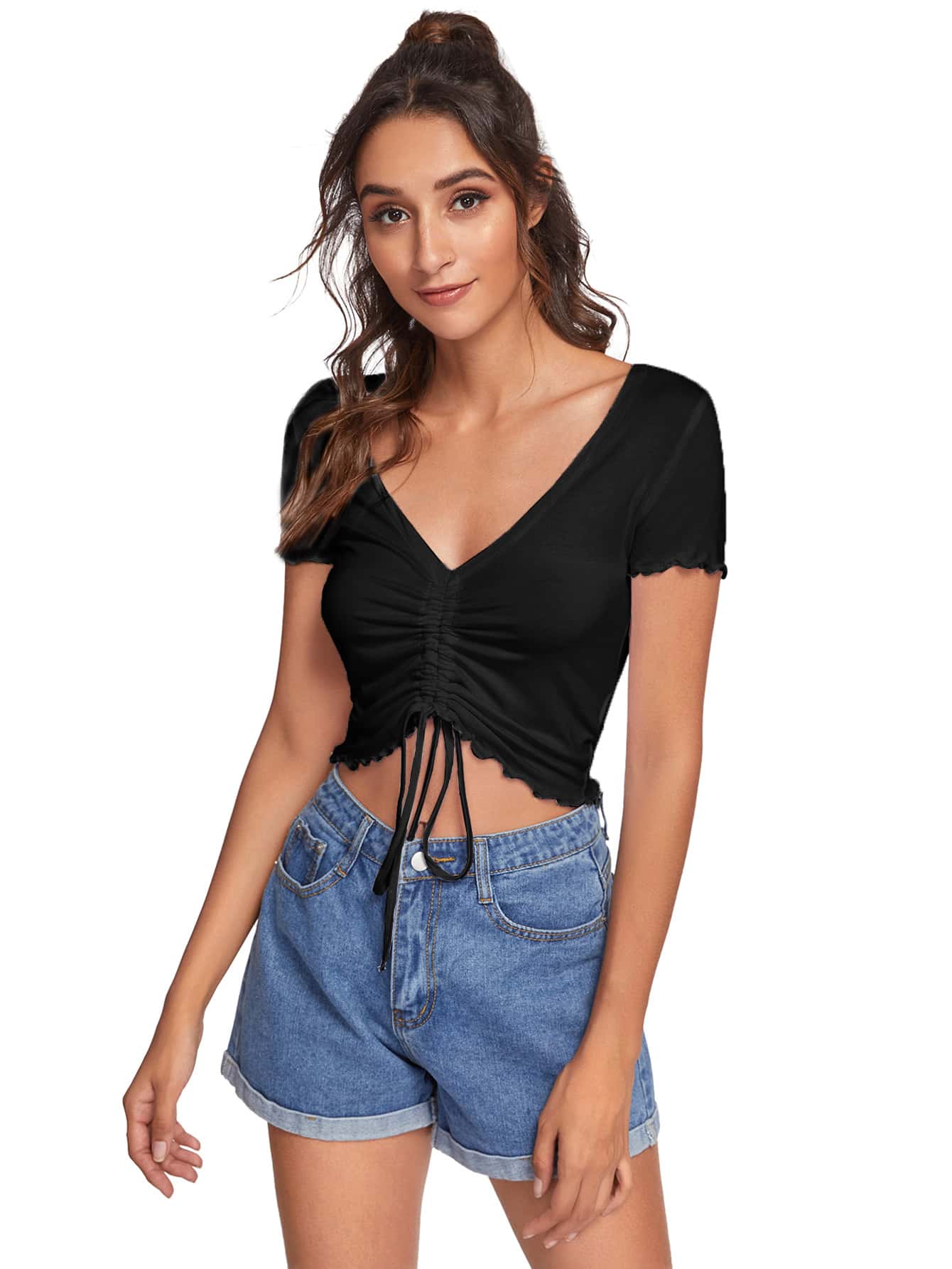CoreRevo Women's Ruched Drawstring Front V Neck Crop Tee Top