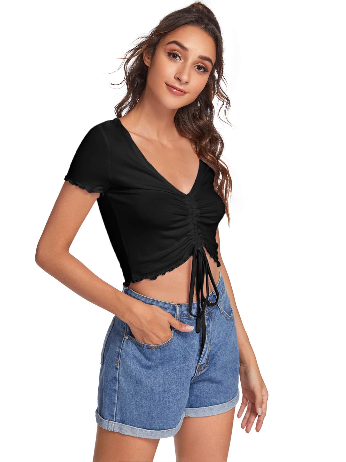 CoreRevo Women's Ruched Drawstring Front V Neck Crop Tee Top - Image 3