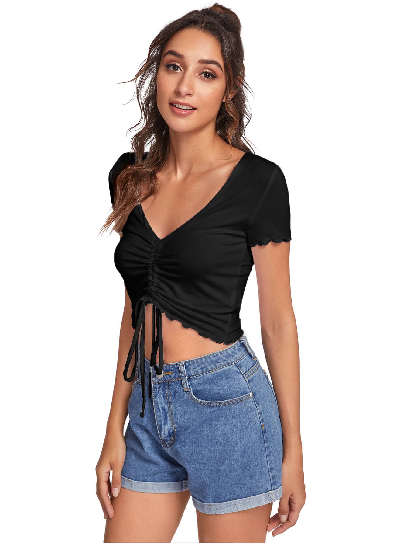 CoreRevo Women's Ruched Drawstring Front V Neck Crop Tee Top - Image 4