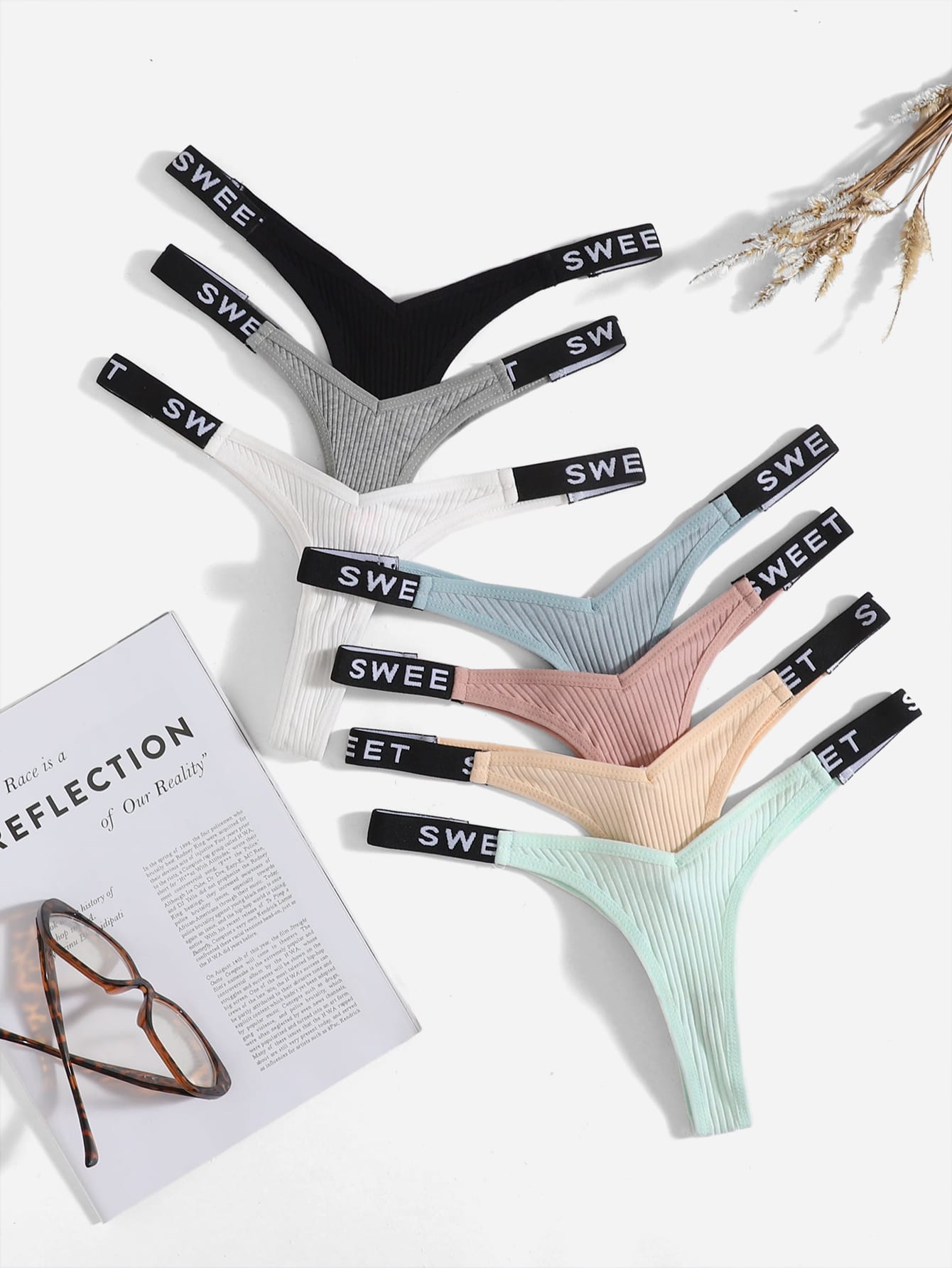 CoreRevo Women's 7Pcs G String Thongs Cheeky Low Rise Letter Print Tape Underwear Pack Panties Briefs