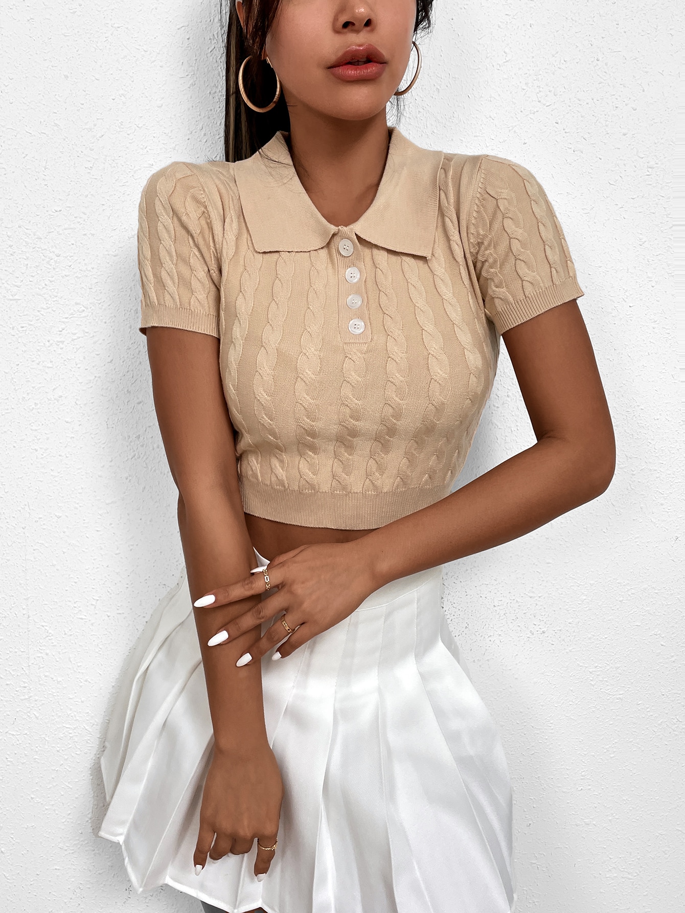 CoreRevo Women's Button Front Short Sleeve Cable Knit Crop Top Pullover Sweater - Image 3