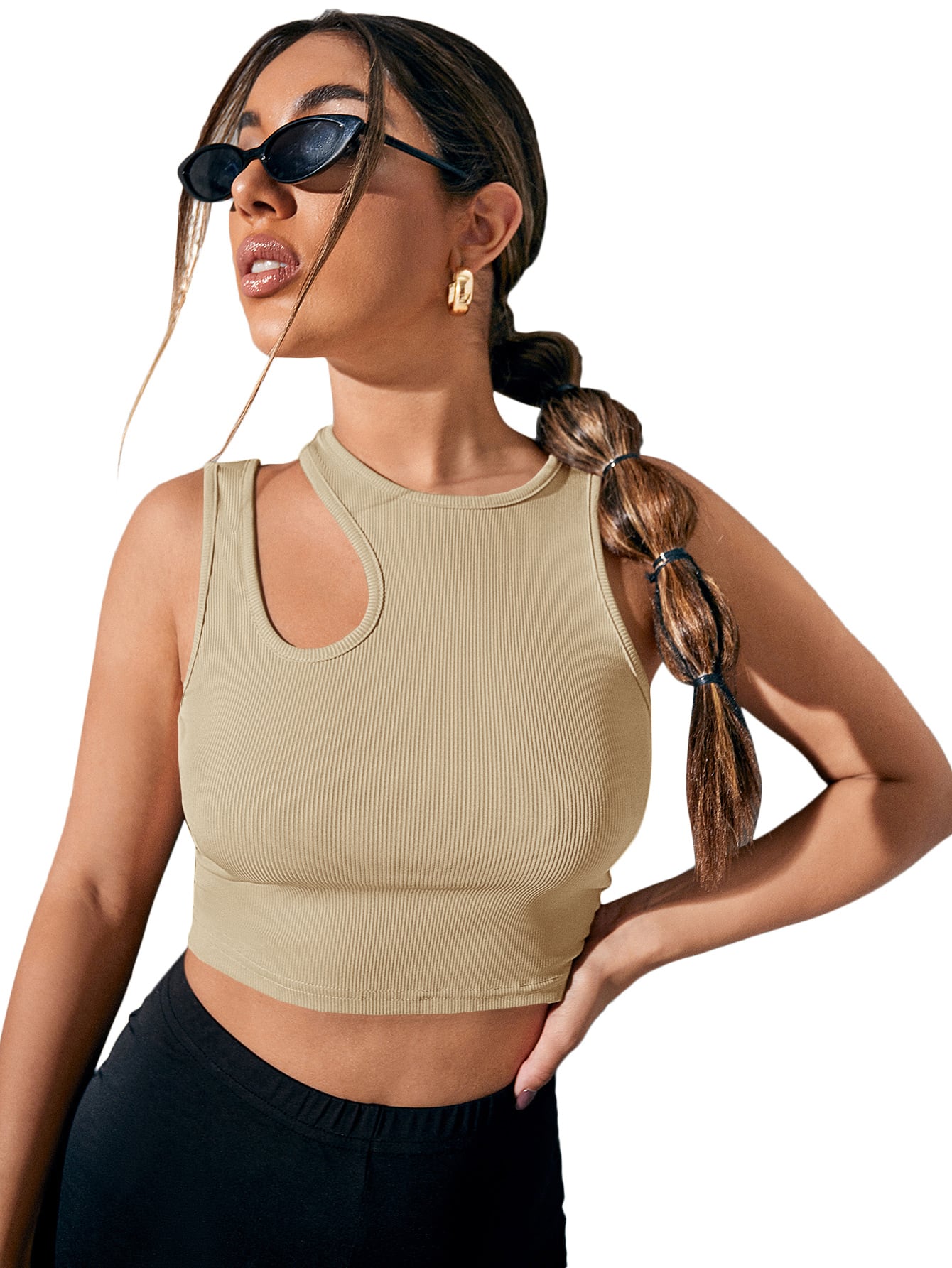CoreRevo Women's Cut Out Sleeveless Round Neck Slim Fitted Ribbed Tank Crop Top