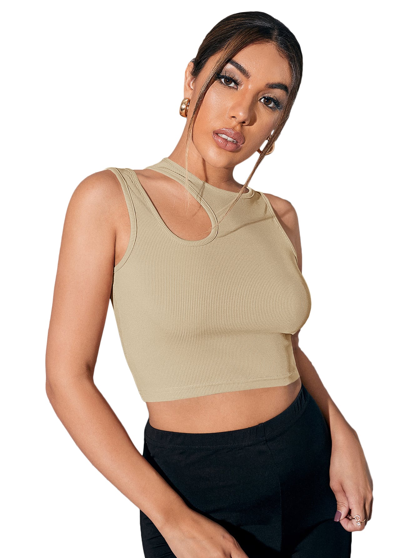 CoreRevo Women's Cut Out Sleeveless Round Neck Slim Fitted Ribbed Tank Crop Top - Image 3