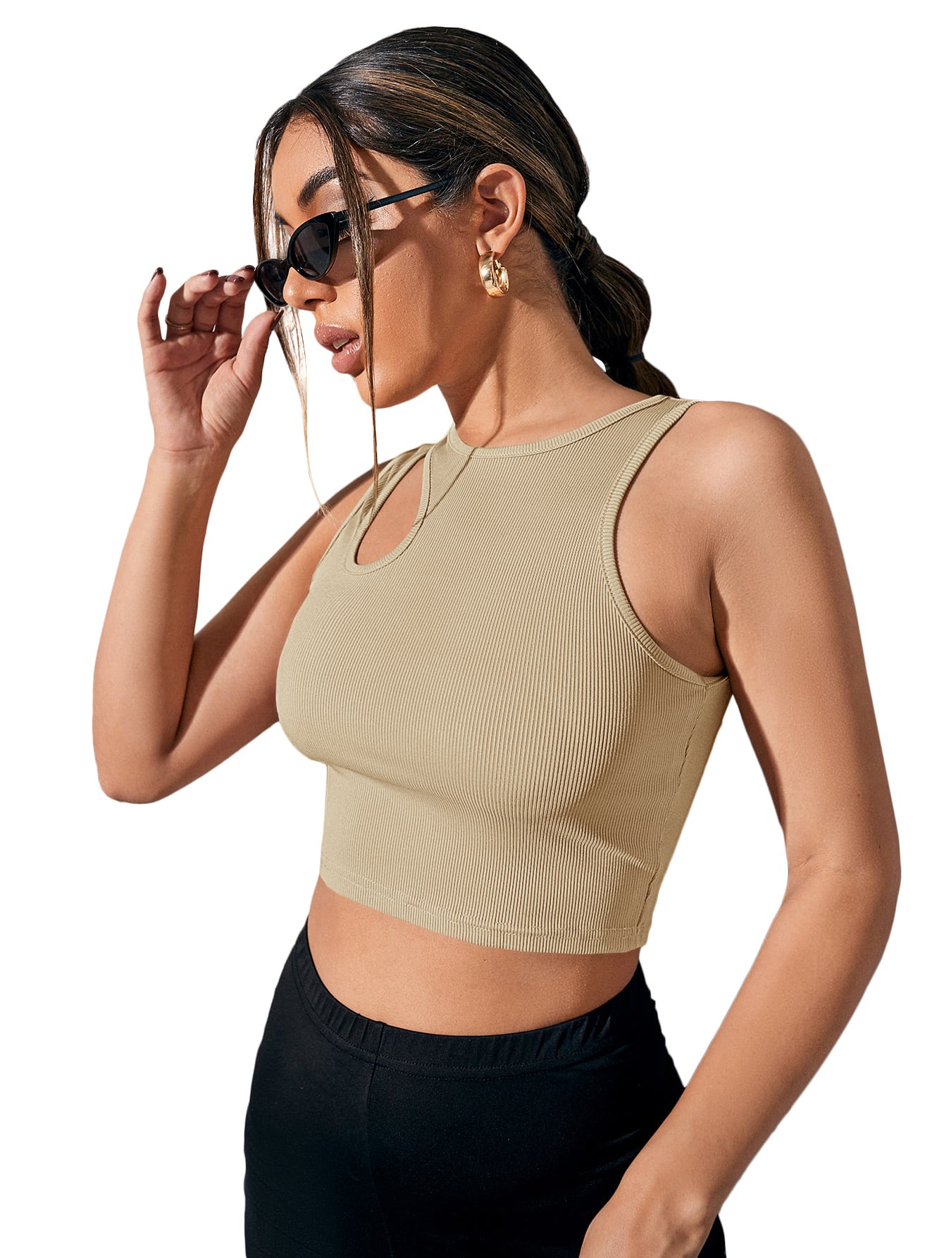CoreRevo Women's Cut Out Sleeveless Round Neck Slim Fitted Ribbed Tank Crop Top - Image 4