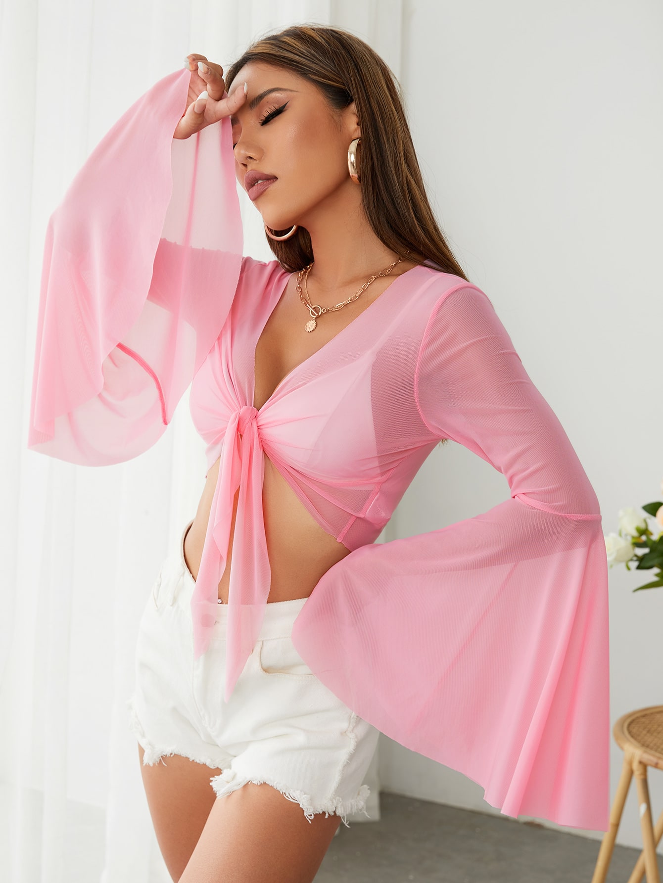 CoreRevo Women's Bell Sleeve Crop Top Tie Front Long Sleeve Blouse Sheer Mesh Tops - Image 3