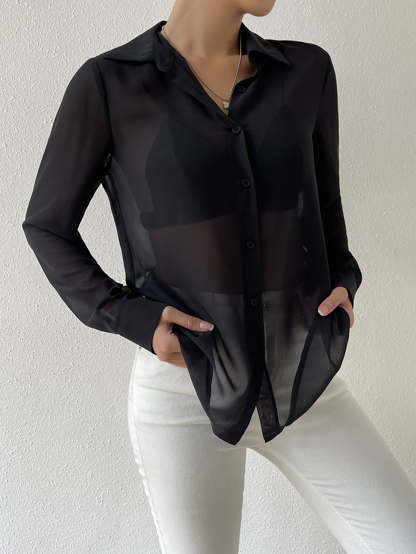 CoreRevo Women's Sheer Mesh Button Up Shirt Long Sleeve See Through Blouse - Image 3