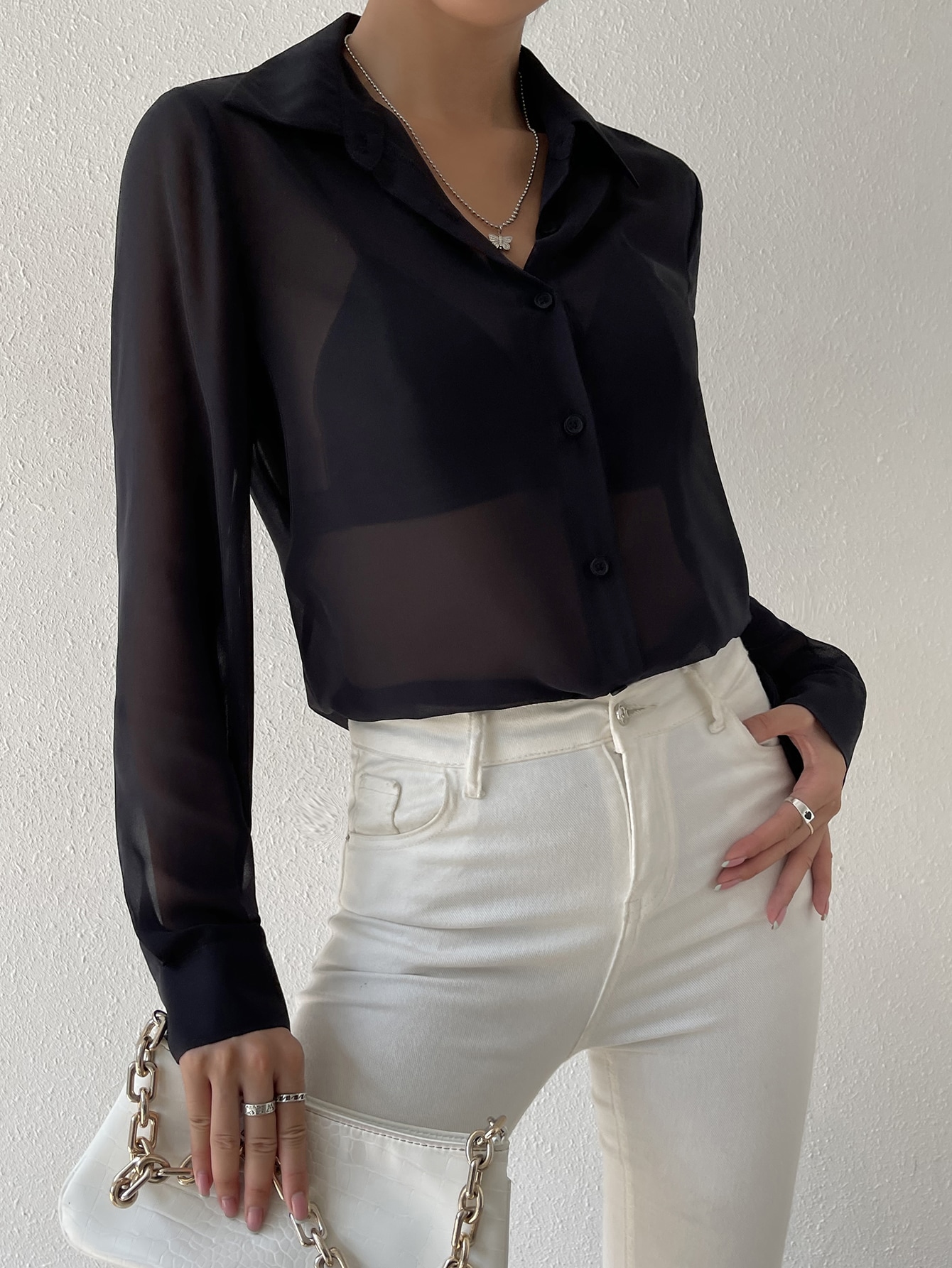 CoreRevo Women's Sheer Mesh Button Up Shirt Long Sleeve See Through Blouse - Image 5