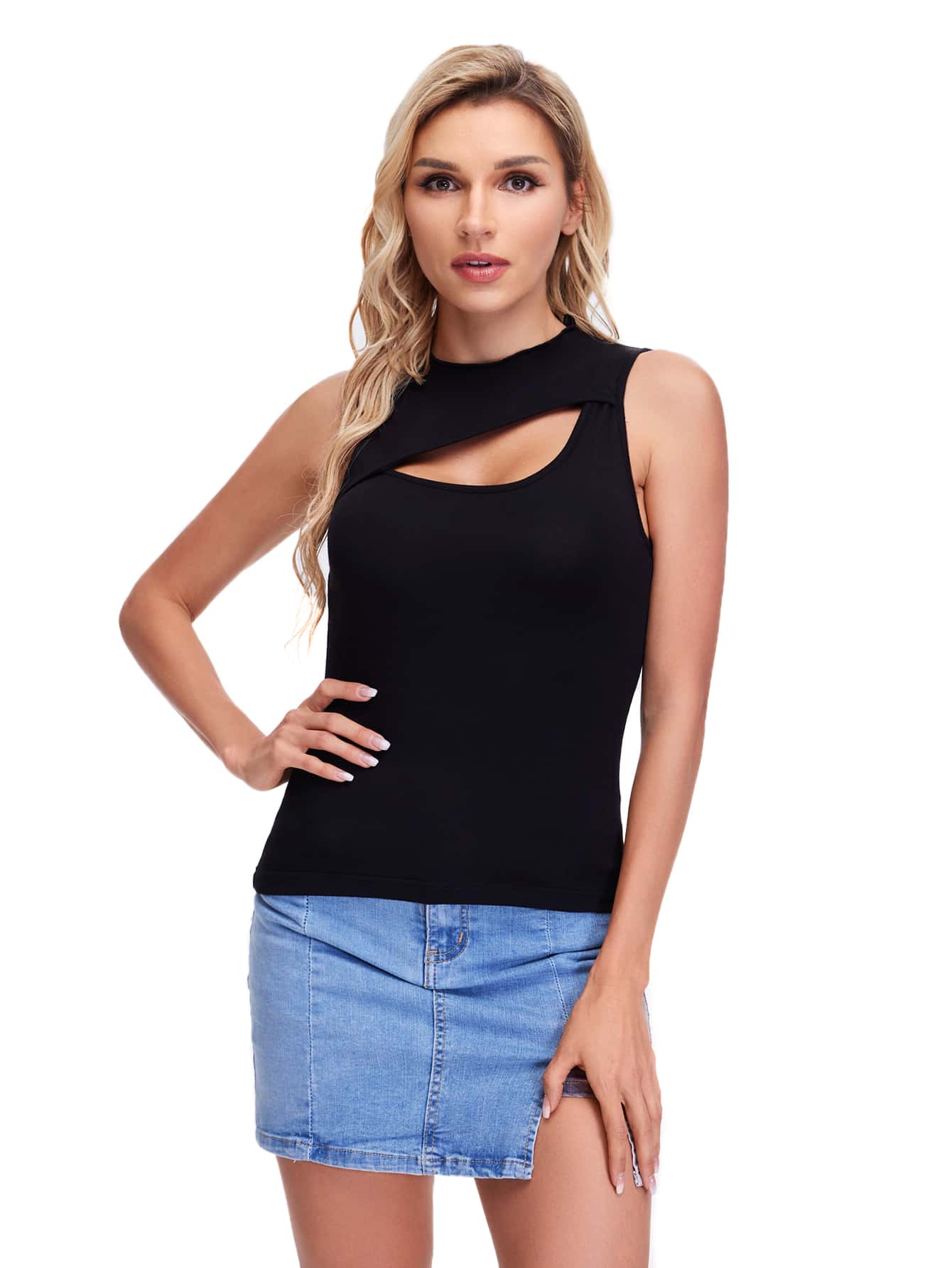CoreRevo Women's Sleeveless T Shirt Front Cut Out Basic Knit Mock Neck Crop Top