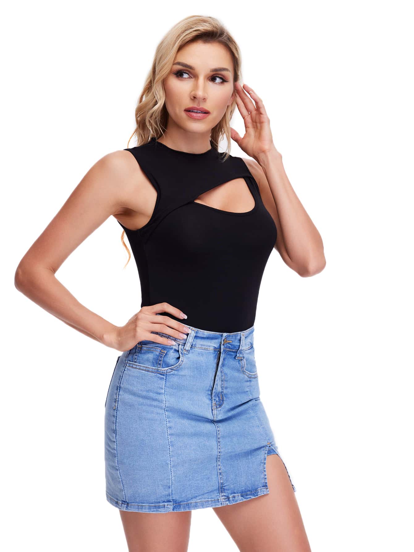 CoreRevo Women's Sleeveless T Shirt Front Cut Out Basic Knit Mock Neck Crop Top - Image 5