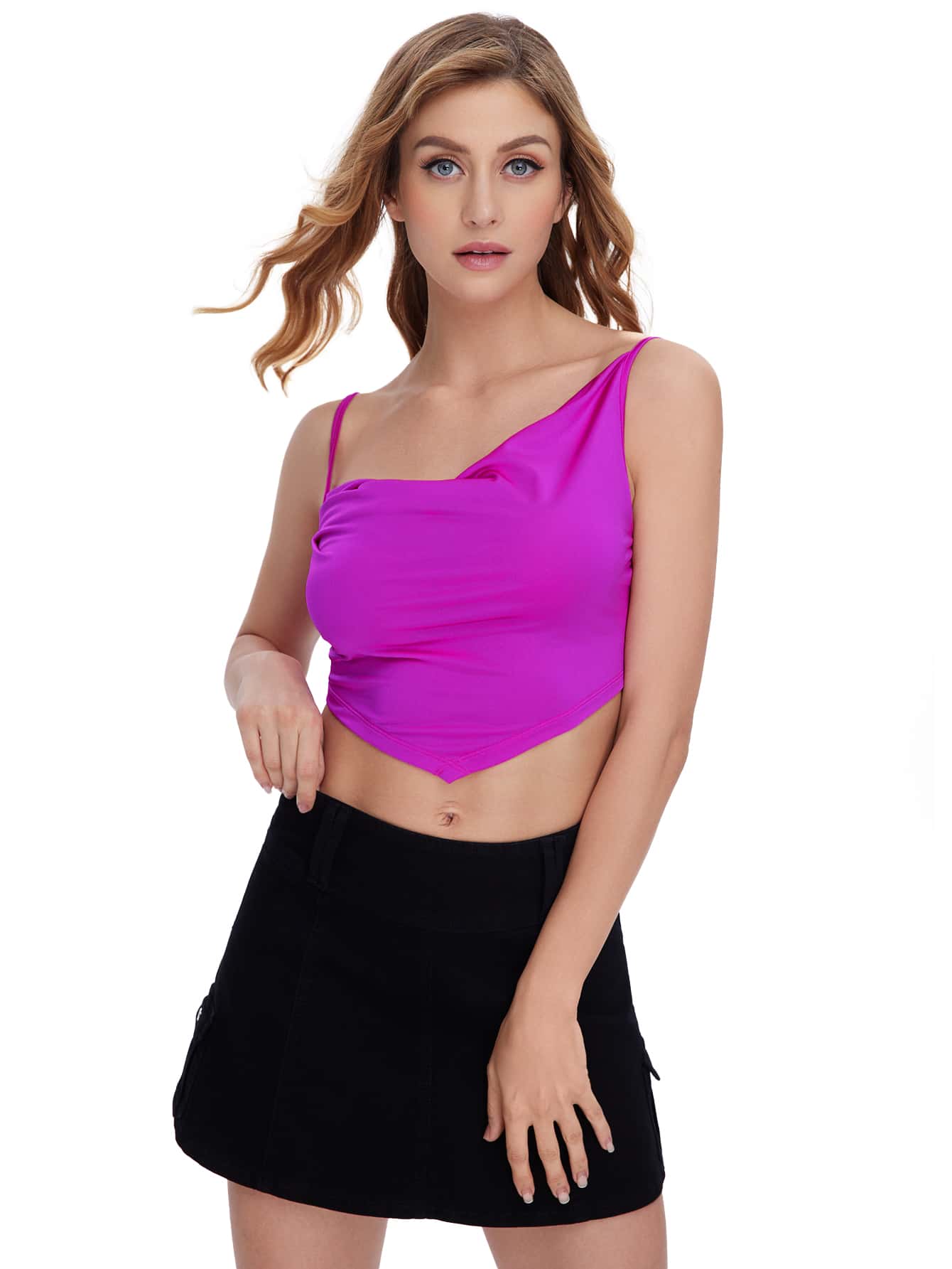 CoreRevo Women's Draped Neck Backless Asymmetrical Hem Crop Cami Top