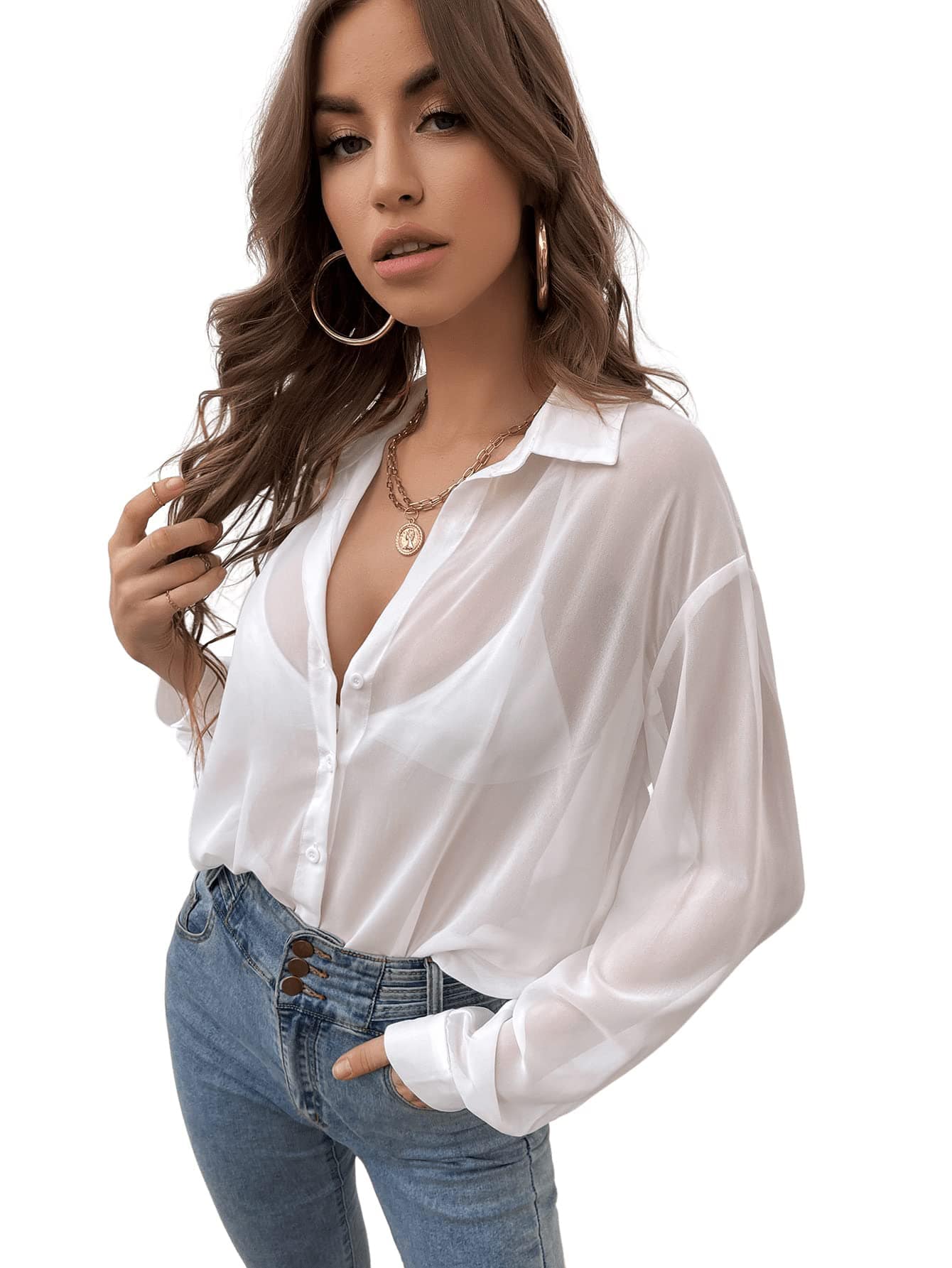 CoreRevo Women's Sheer Mesh Button Down Shirt Top Long Sleeve Drop Shoulder Blouse - Image 3