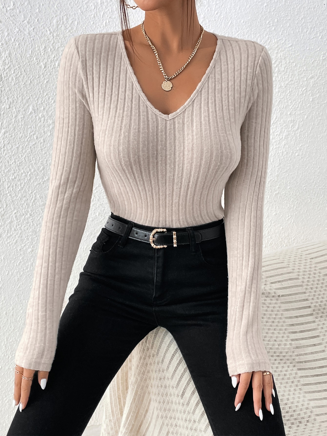 CoreRevo Women's V Neck Long Sleeve Ribbed Slim Fitted T Shirt Tee Top - Image 5