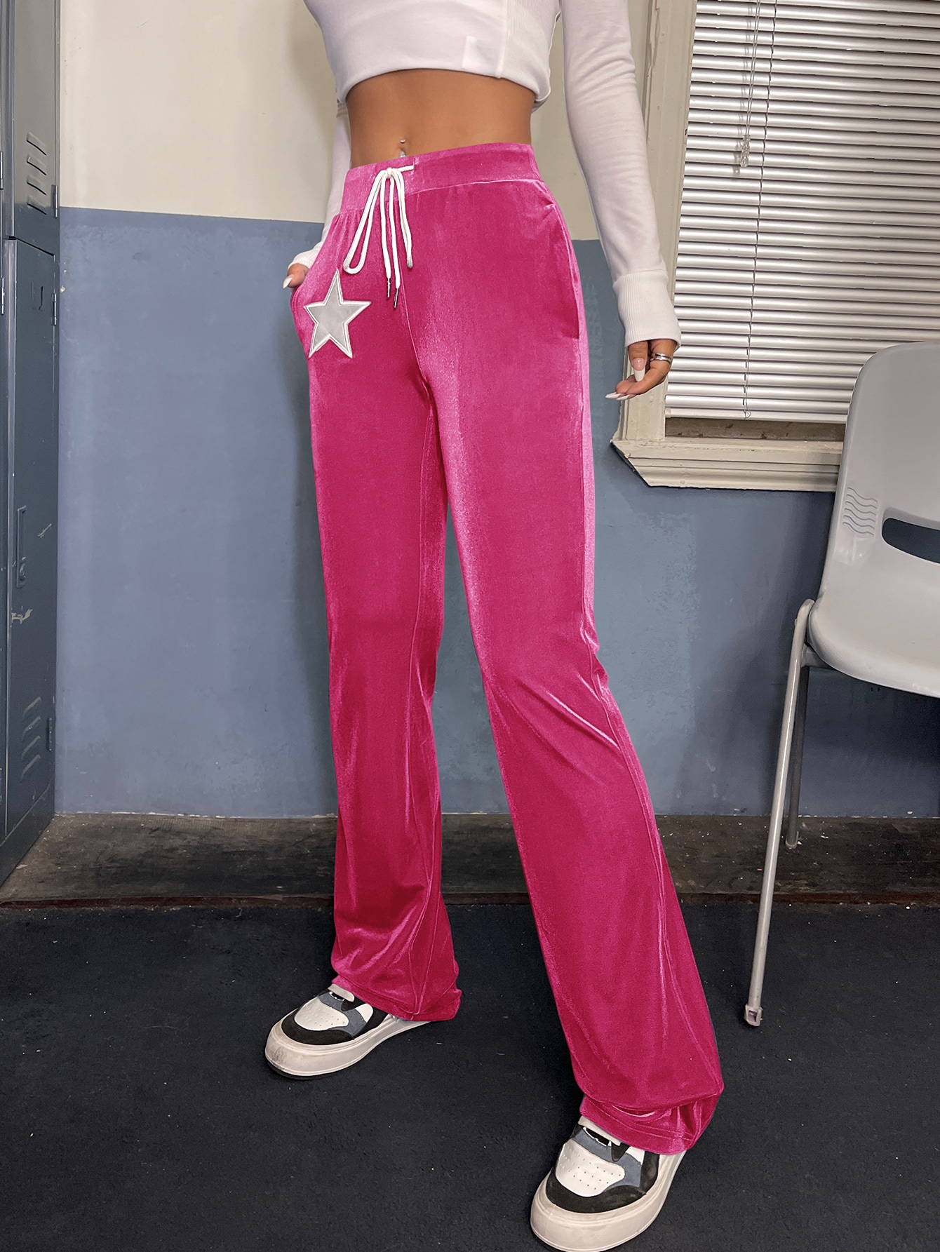 CoreRevo Women's Drawstring Waist Flare Leg Velvet Pants with Pocket - Image 3