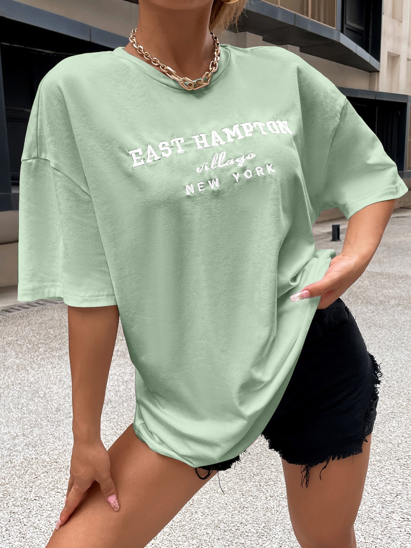 CoreRevo Women's Oversized Letter Graphic Tees Embroidery Short Sleeve Shirts Tops