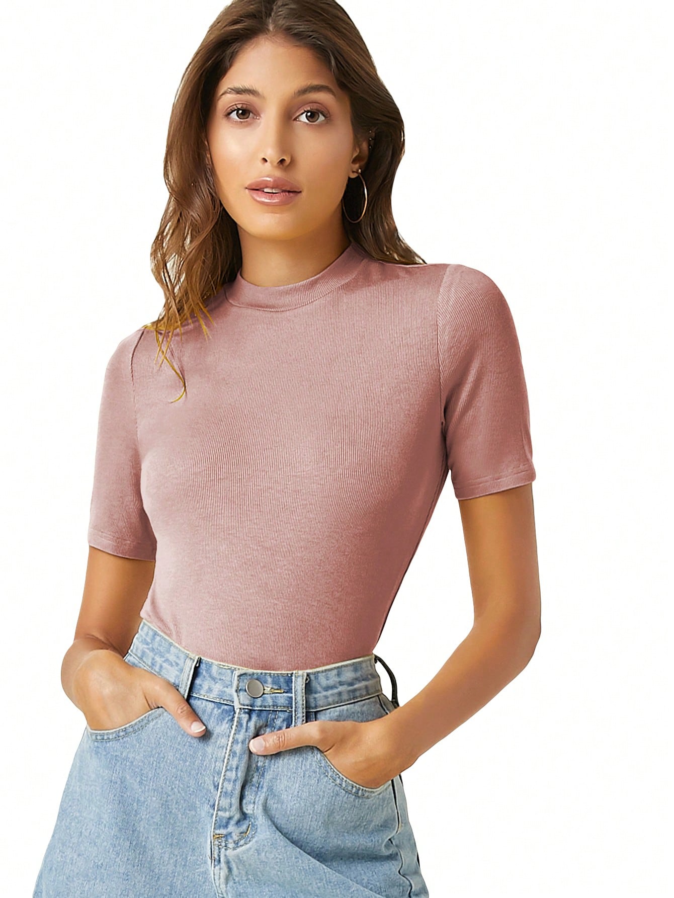 CoreRevo Women's Business Casual Tops Mock Neck Short Sleeve Knit Basic Tees Work Ofiice Outfits