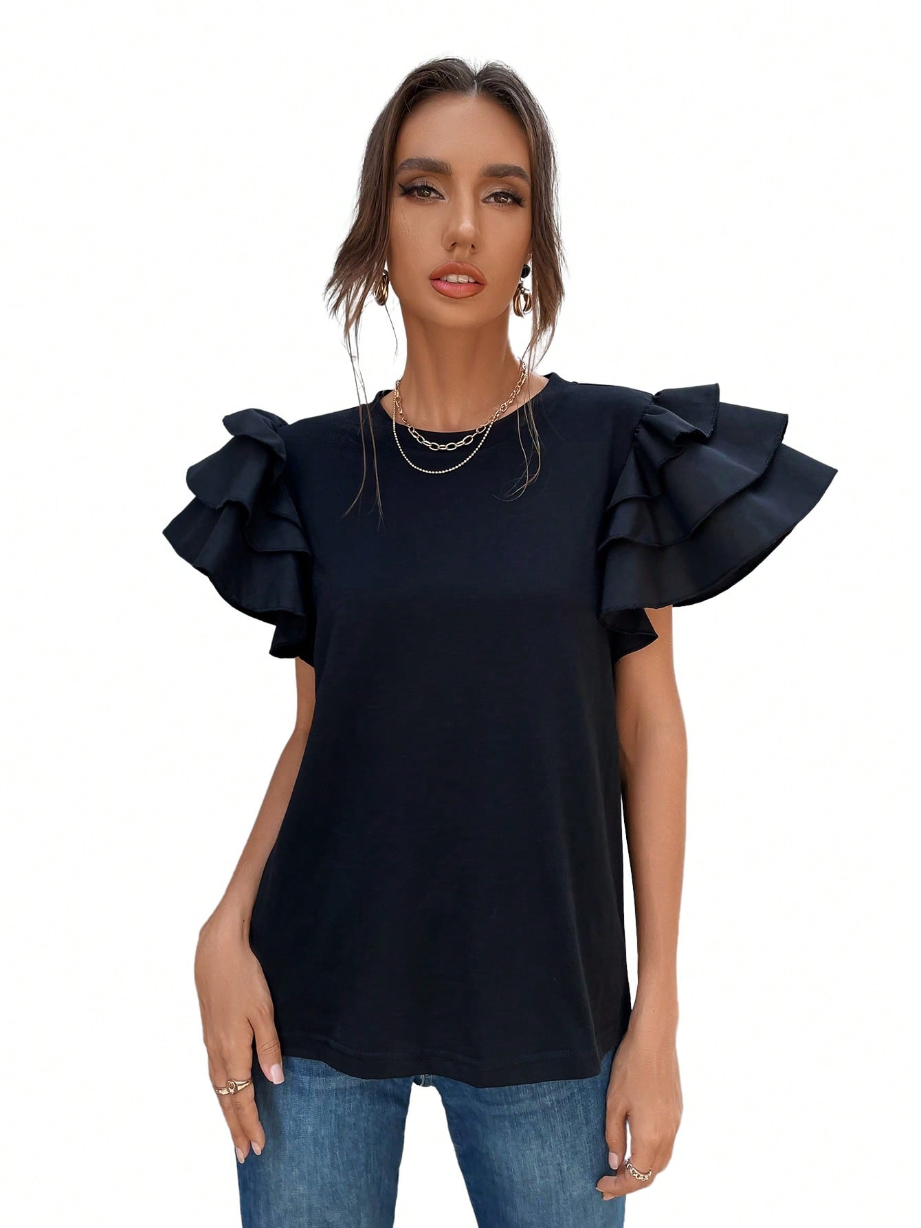 CoreRevo Women's Layered Ruffle Butterfly Sleeve Round Neck Blouse Tee Top