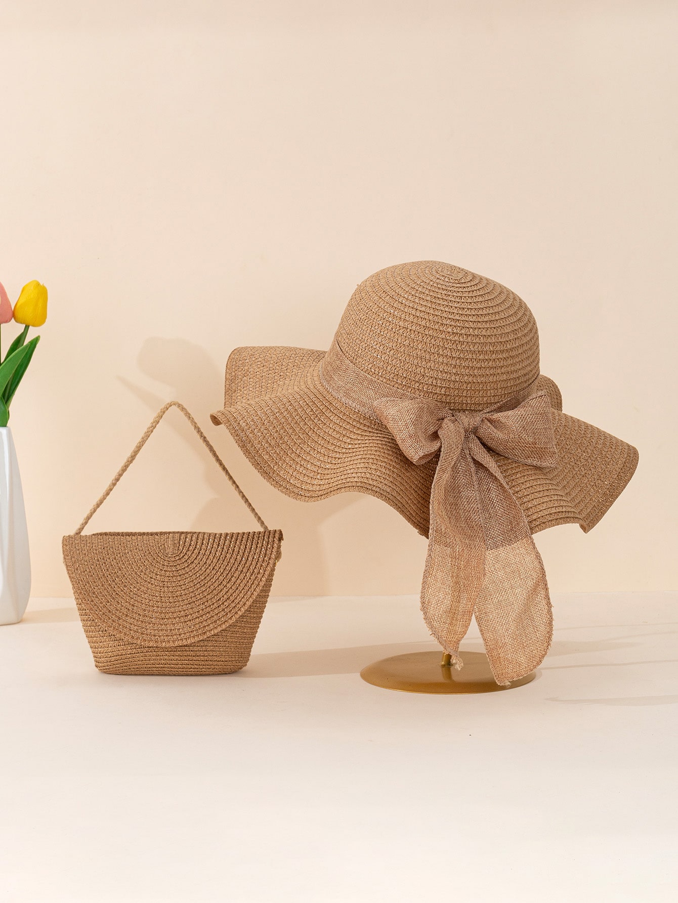 CoreRevo Women's Bow Wide Brim Straw Sun Hat and Crossbody Straw Bag Set