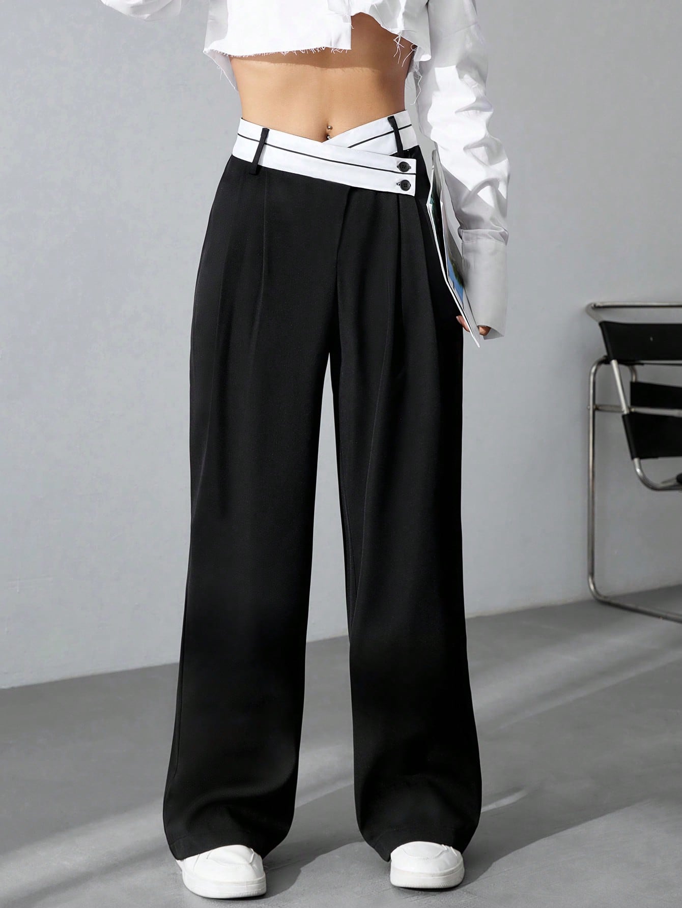CoreRevo Women's Color Block Asymmetrical High Waist Button Trousers Straight Leg Long Pants