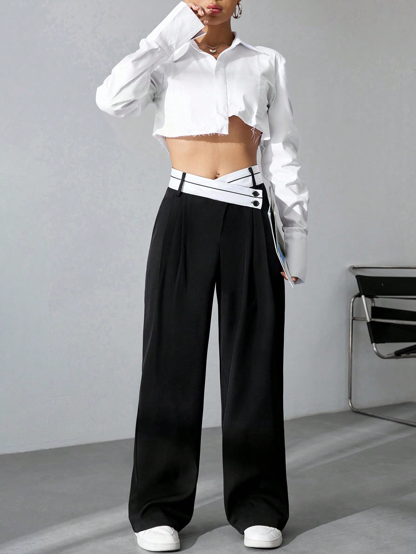 CoreRevo Women's Color Block Asymmetrical High Waist Button Trousers Straight Leg Long Pants - Image 3
