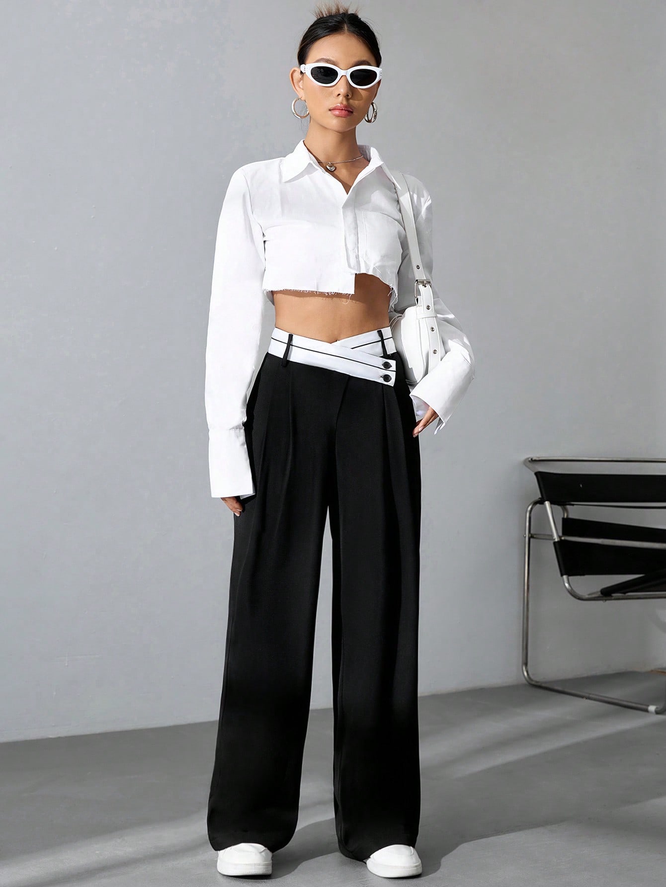 CoreRevo Women's Color Block Asymmetrical High Waist Button Trousers Straight Leg Long Pants - Image 4