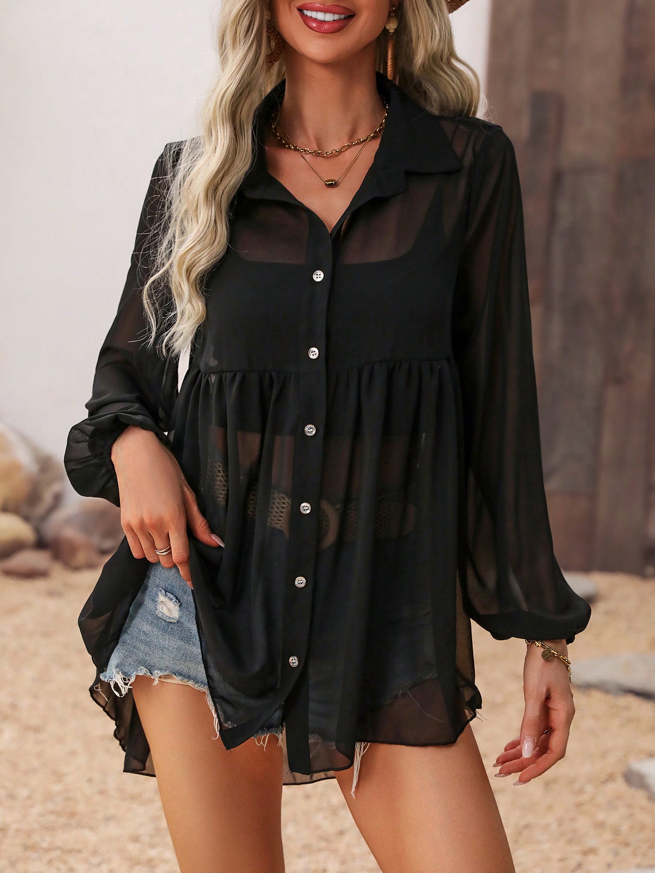 CoreRevo Women's Sheer Mesh Button Down Shirt Tunic Top Loose Ruffle Hem Blouse Top Cover Up - Image 3