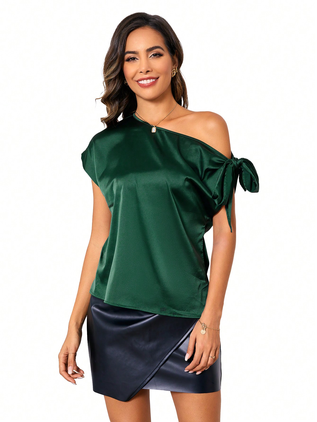 CoreRevo Women's Off Shoulder Satin Tops Short Sleeve Asymmetrical Neck Blouse Tops