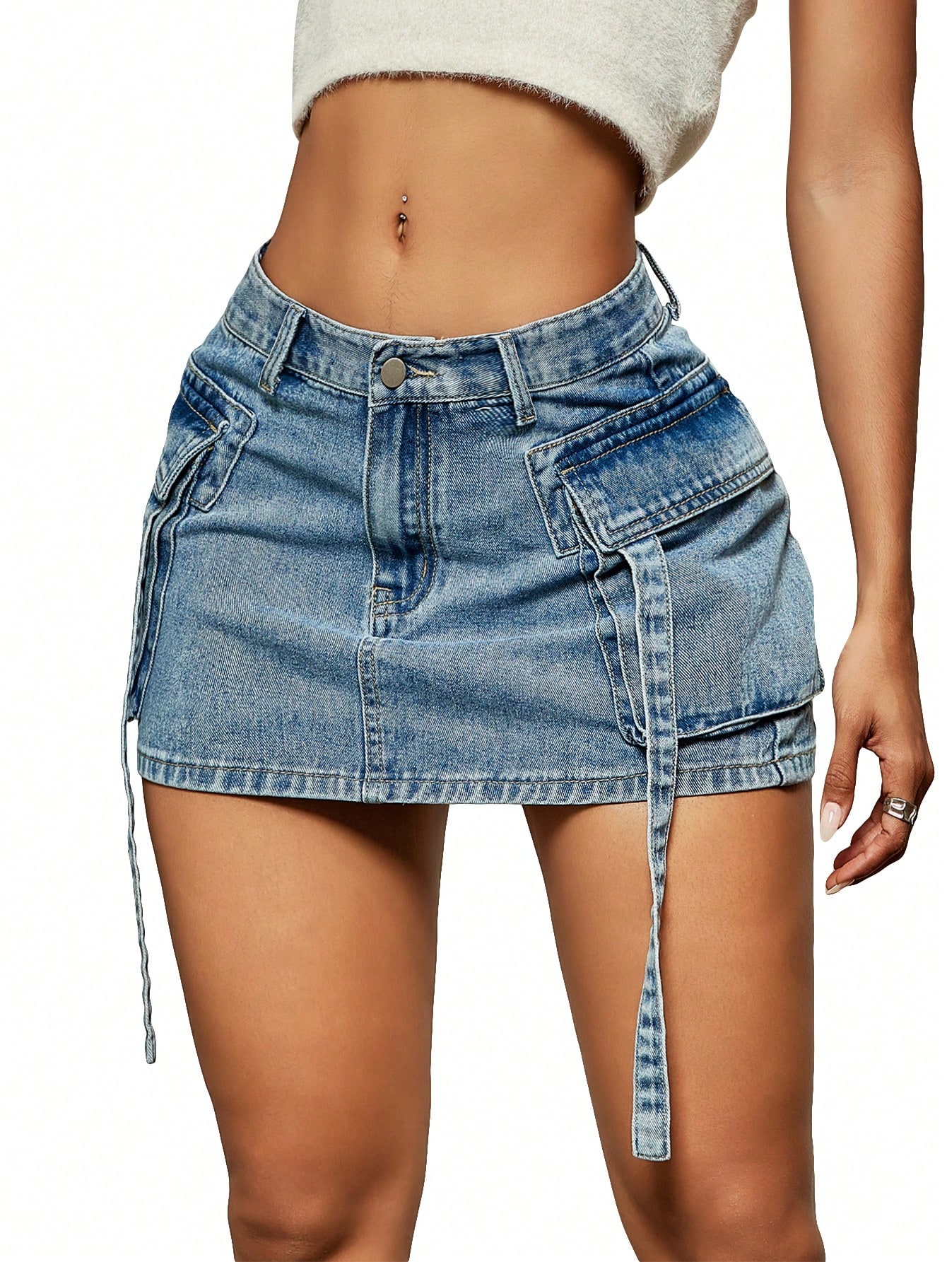 CoreRevo Women's Casual Street Low Waist Tape Denim Cargo Mini Skirt with Flap Pocket