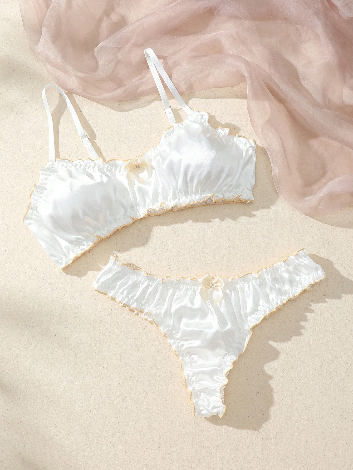 CoreRevo Women's 2 Piece Satin Bow Lingerie Set Sexy Lettuce Trim Bow Bra and Thong Sets - Image 4