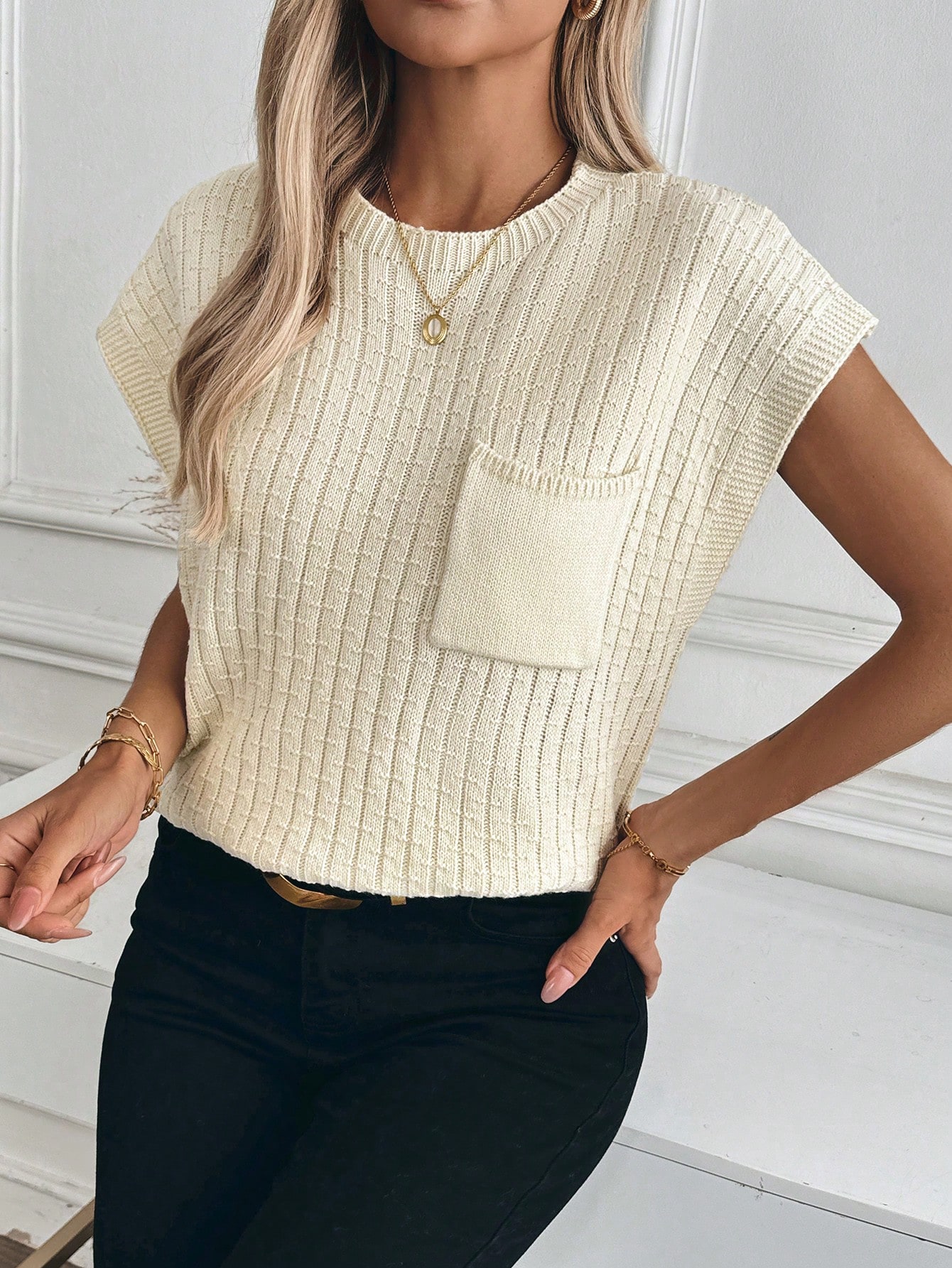 CoreRevo Women's Knit Cap Sleeve Tops Casual Loose Pocket Crew Neck Sleeveless Sweater Vest - Image 4