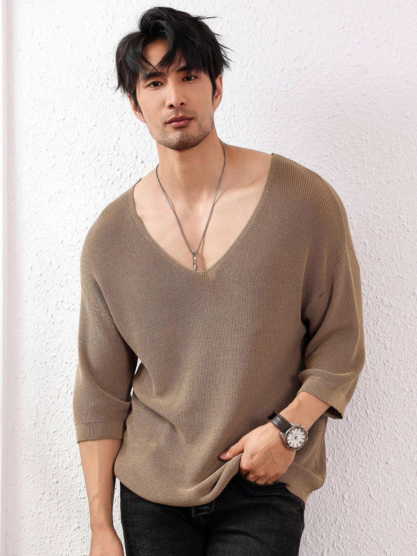 CoreRevo Men's V Neck Drop Shoulder Lightweight Sweaters 3/4 Sleeve Knit Tops