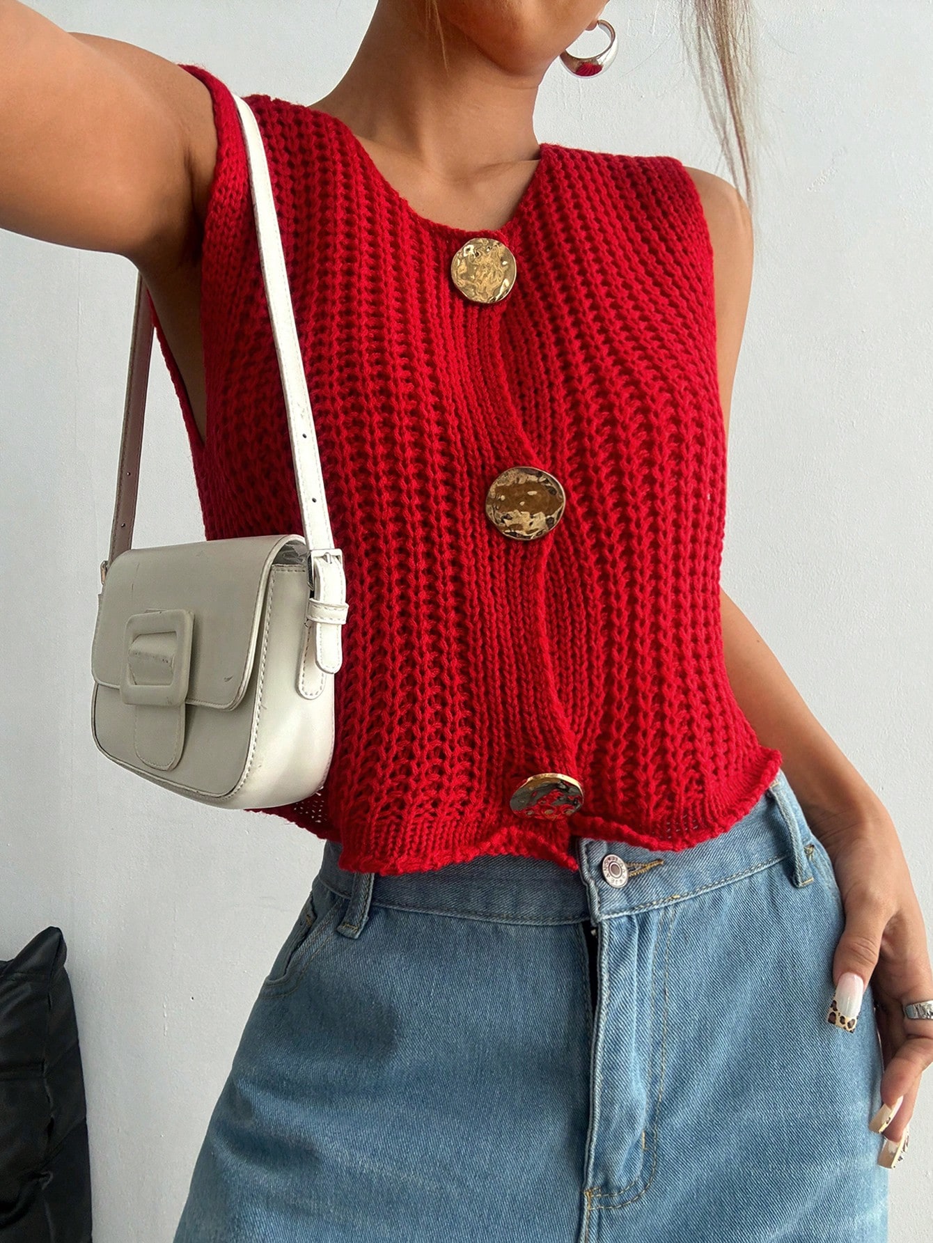 CoreRevo Women's Button Front Crochet Sweater Vest Round Neck Sleeveless Cropped Knit Cardigan