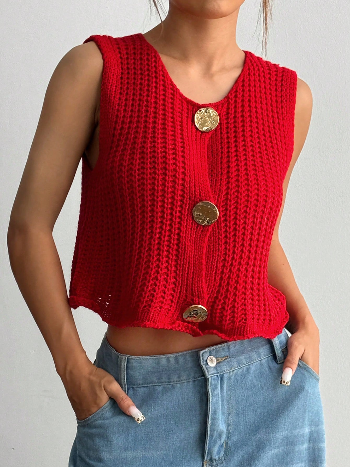 CoreRevo Women's Button Front Crochet Sweater Vest Round Neck Sleeveless Cropped Knit Cardigan - Image 4
