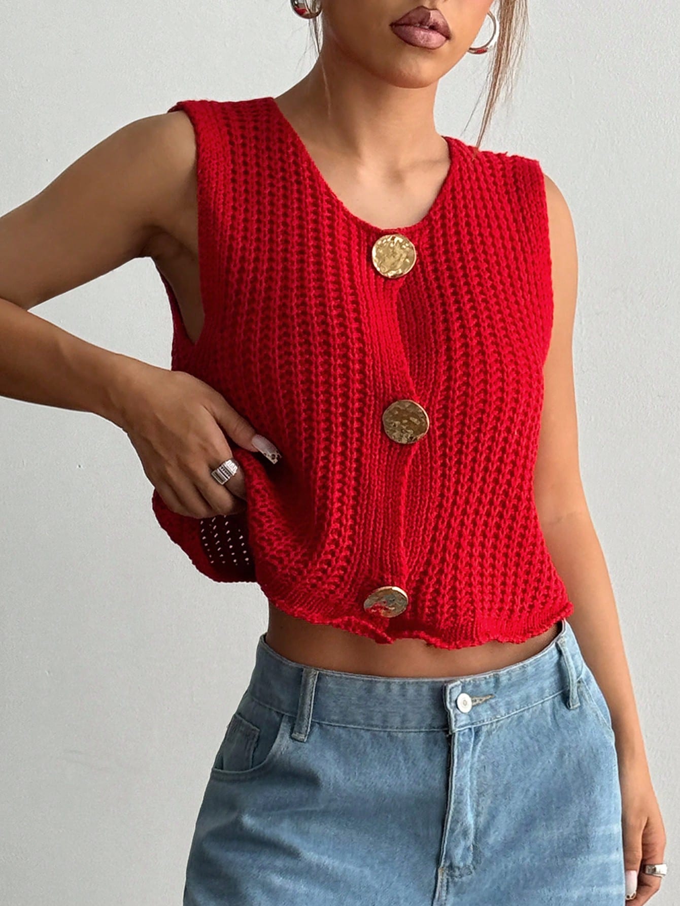 CoreRevo Women's Button Front Crochet Sweater Vest Round Neck Sleeveless Cropped Knit Cardigan - Image 5