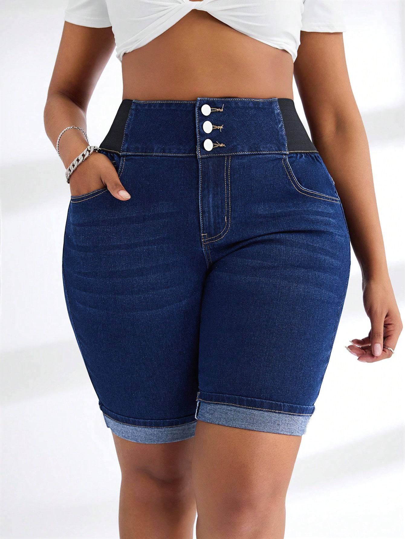 CoreRevo Women's Plus Size Button Up Jean Shorts High Waisted Denim Shorts with Pockets - Image 5