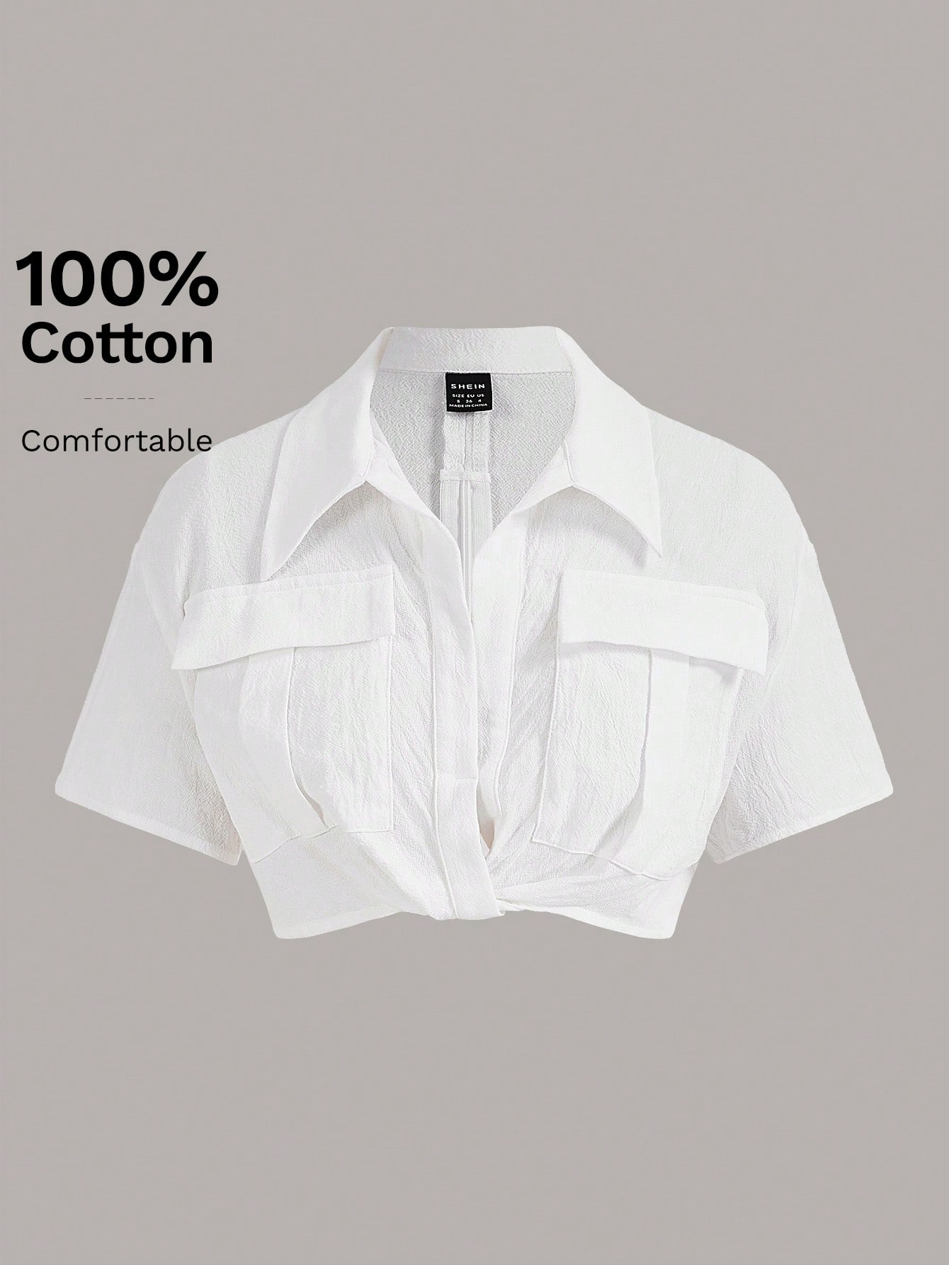 CoreRevo Women's Short Sleeve Collar Neck Flap Pocket Twist Front Crop Top Shirts - Image 4