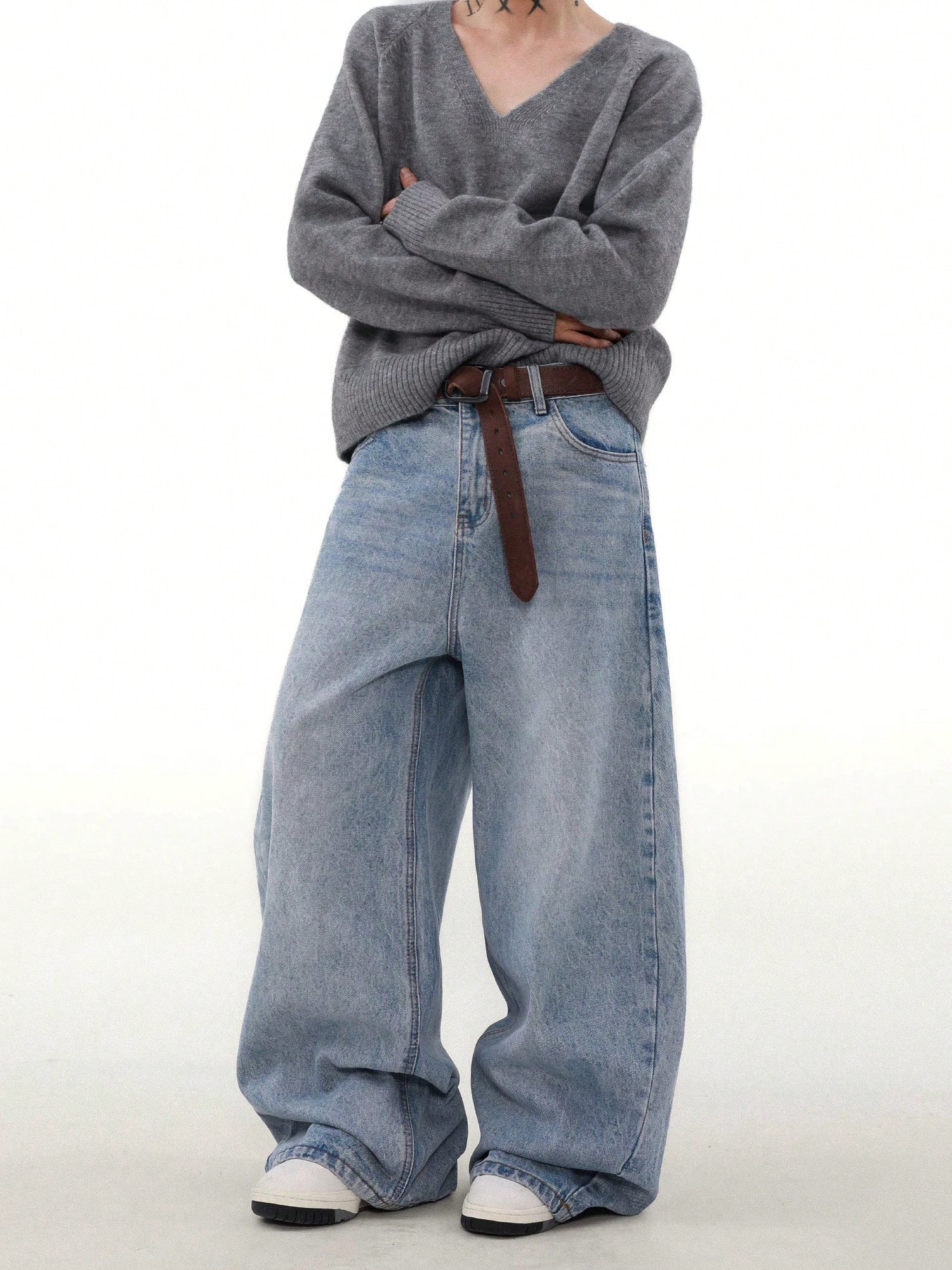 CoreRevo Men's Vintage Baggy Jeans Grunge Streetwear Wide Leg Denim Pants with Pockets - Image 3