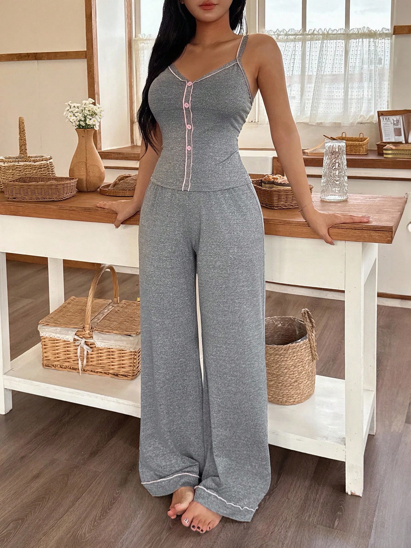 CoreRevo Women's 2 Piece Pajama Set Button Contrast Trim Camisole Tops with Pants Sleepwear