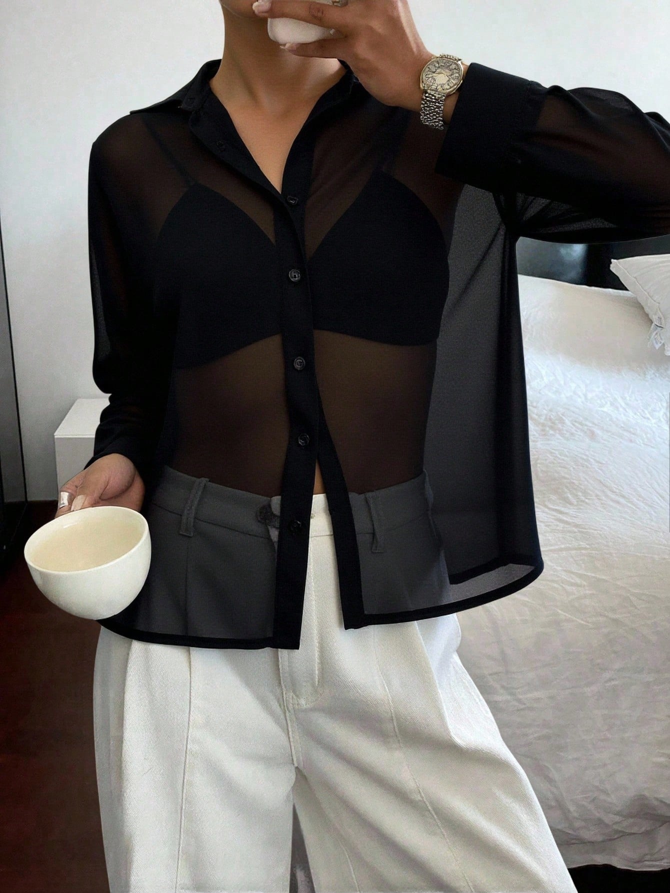 CoreRevo Women's Sheer Mesh Button Up Shirt Long Sleeve See Through Blouse