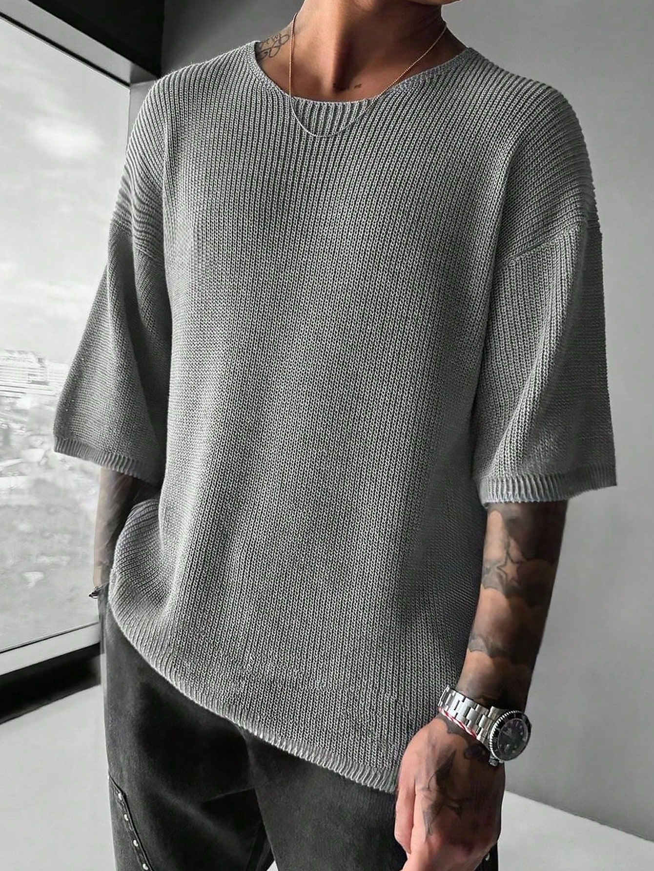 CoreRevo Men's Drop Shoulder 3/4 Sleeve Sweaters Crew Neck Ribbed Knit Tops - Image 3