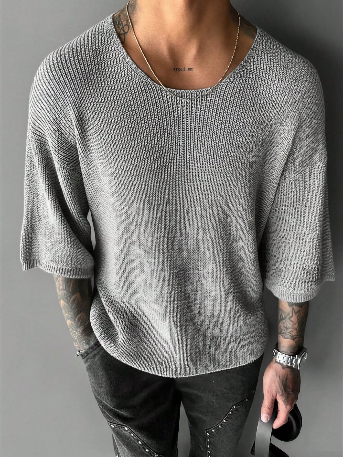 CoreRevo Men's Drop Shoulder 3/4 Sleeve Sweaters Crew Neck Ribbed Knit Tops